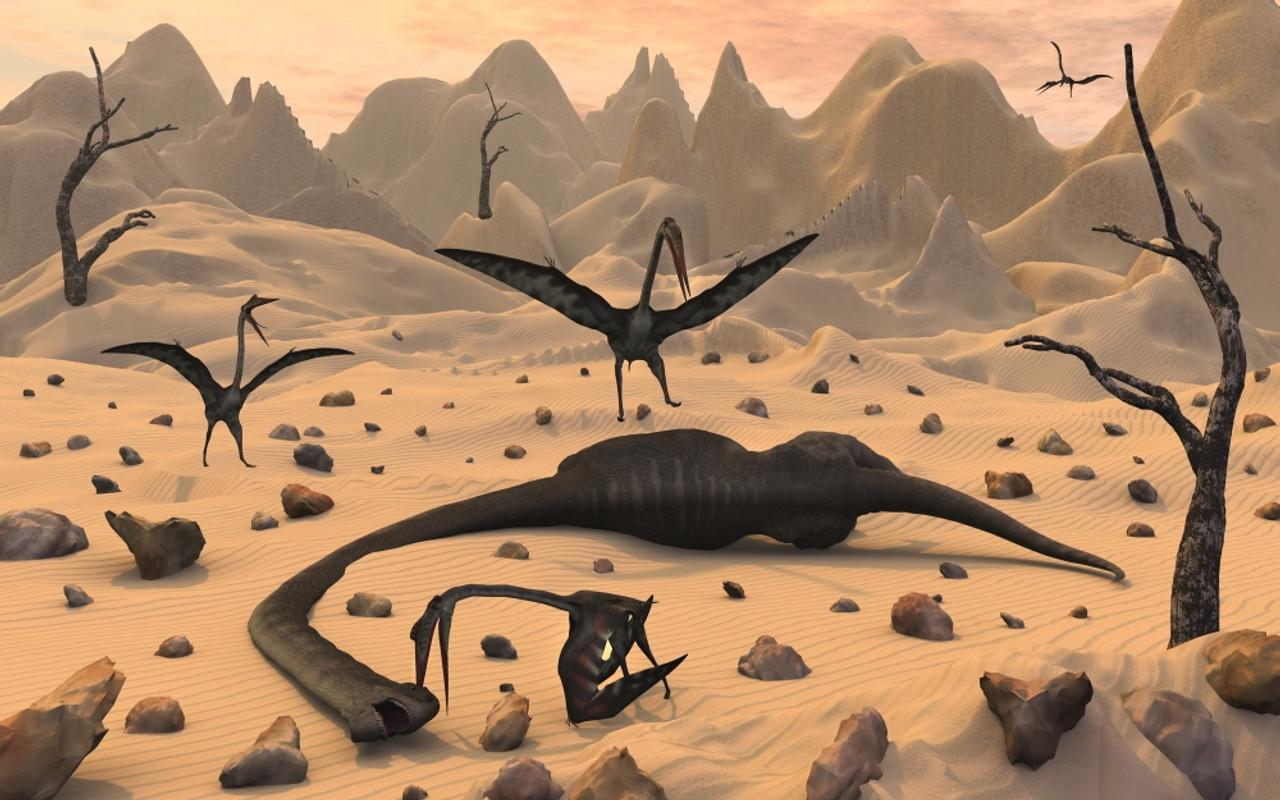 1280x800 Giant Quetzalcoatlus pterosaurs gather around the dead body of a young sauropod dinosaur, which will make rich pickings for a great meal Poster Print # VARPSTMAS100289P