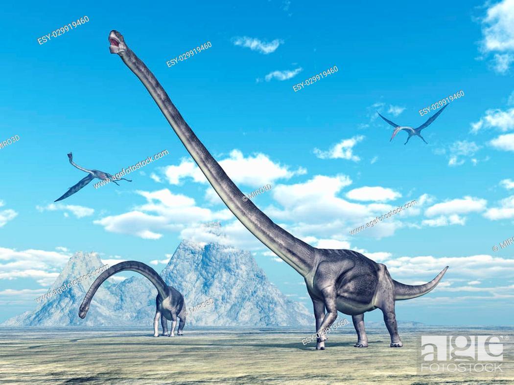 1050x788 Computer Generated 3D Illustration With The Dinosaur Omeisaurus And The Pterosaur Quetzalcoatlus, , Picture And Low Budget Royalty Free Image. Pic. ESY 029919460