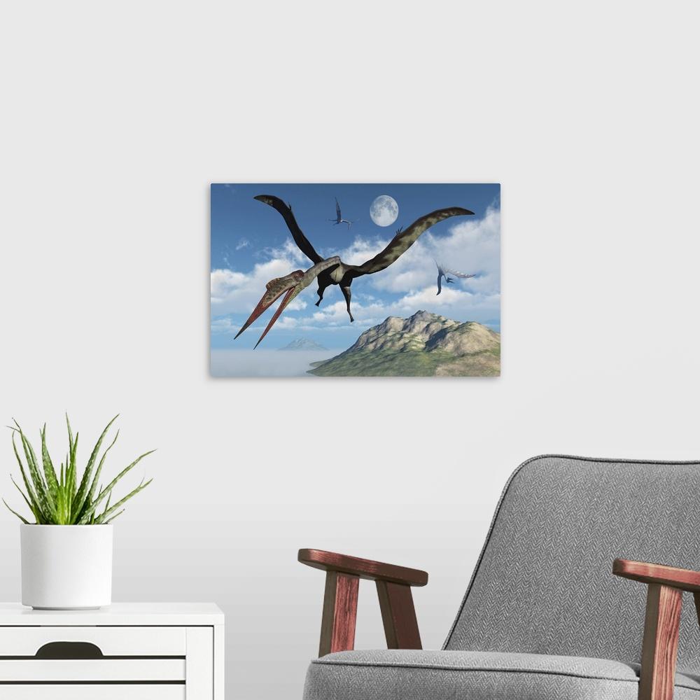1000x1000 A flock of large Quetzalcoatlus flying over a prehistoric era island Wall Art, Canvas Prints, Framed Prints, Wall Peels. Great Big Canvas