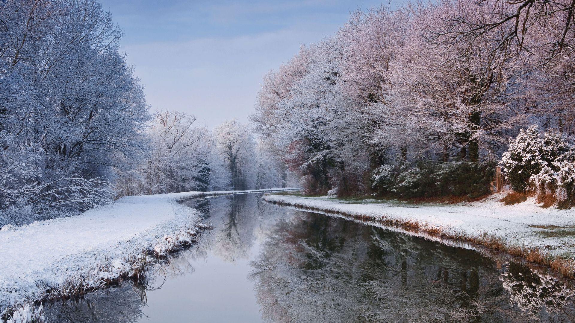 1920x1080 Wallpaper river, winter, forest, snow, trees, 5K, Nature