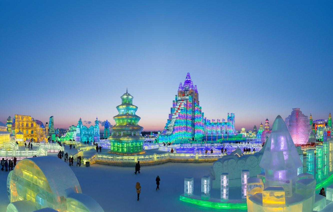 1332x850 Wallpaper lights, China, Harbin, Harbin international festival of ice and snow image for desktop, section город