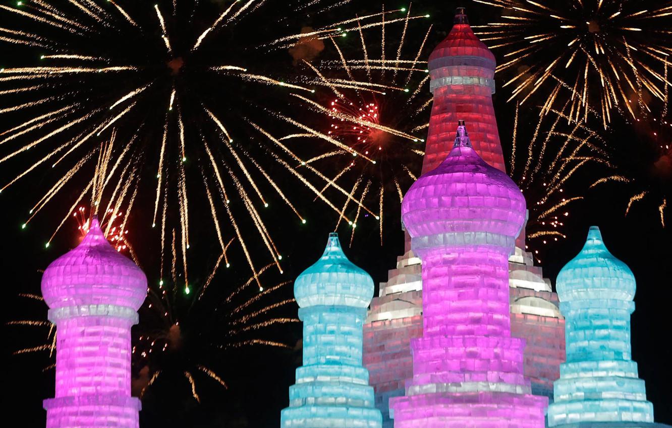 1332x850 Wallpaper China, fireworks, Harbin, International festival of snow and ice image for desktop, section праздники