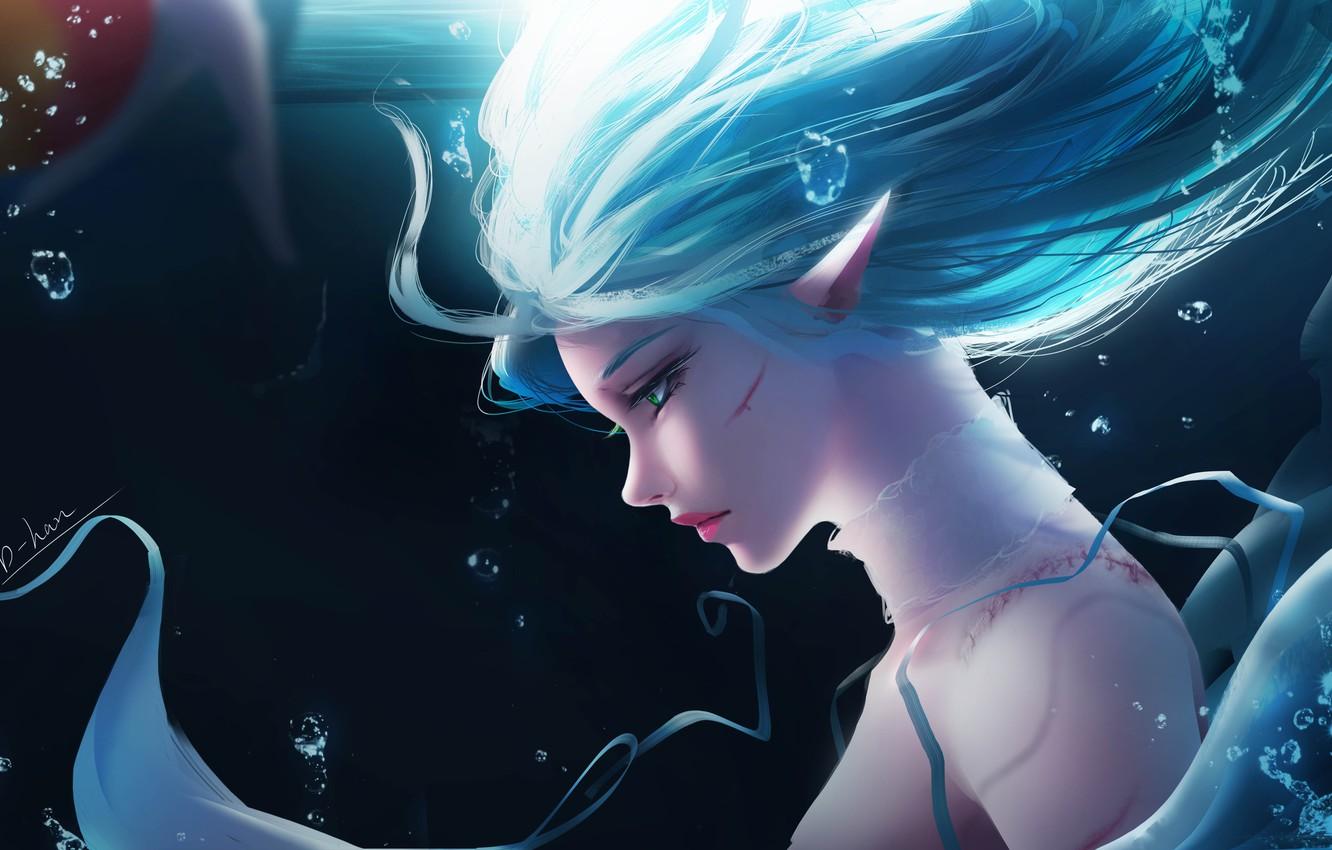 1332x850 Wallpaper Girl, Bubbles, Fantasy, Green Eyes, Underwater, Artist, Elf, Digital Art, Artwork, Fantasy Art, Scar, Blue Hair, Fantasy Girl, Pointy Ears, Wound, D Han Image For Desktop, Section фантастика