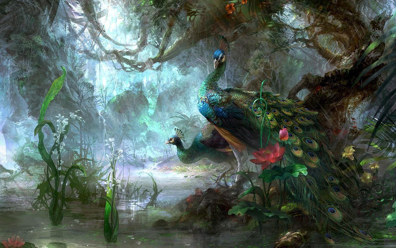 1280x800 Peacocks and flowers in the abstract forest. Abstract Wallpaper. download beautiful HD Wallpaper 1080p 2160. Painting wallpaper, Abstract wallpaper, Art painting