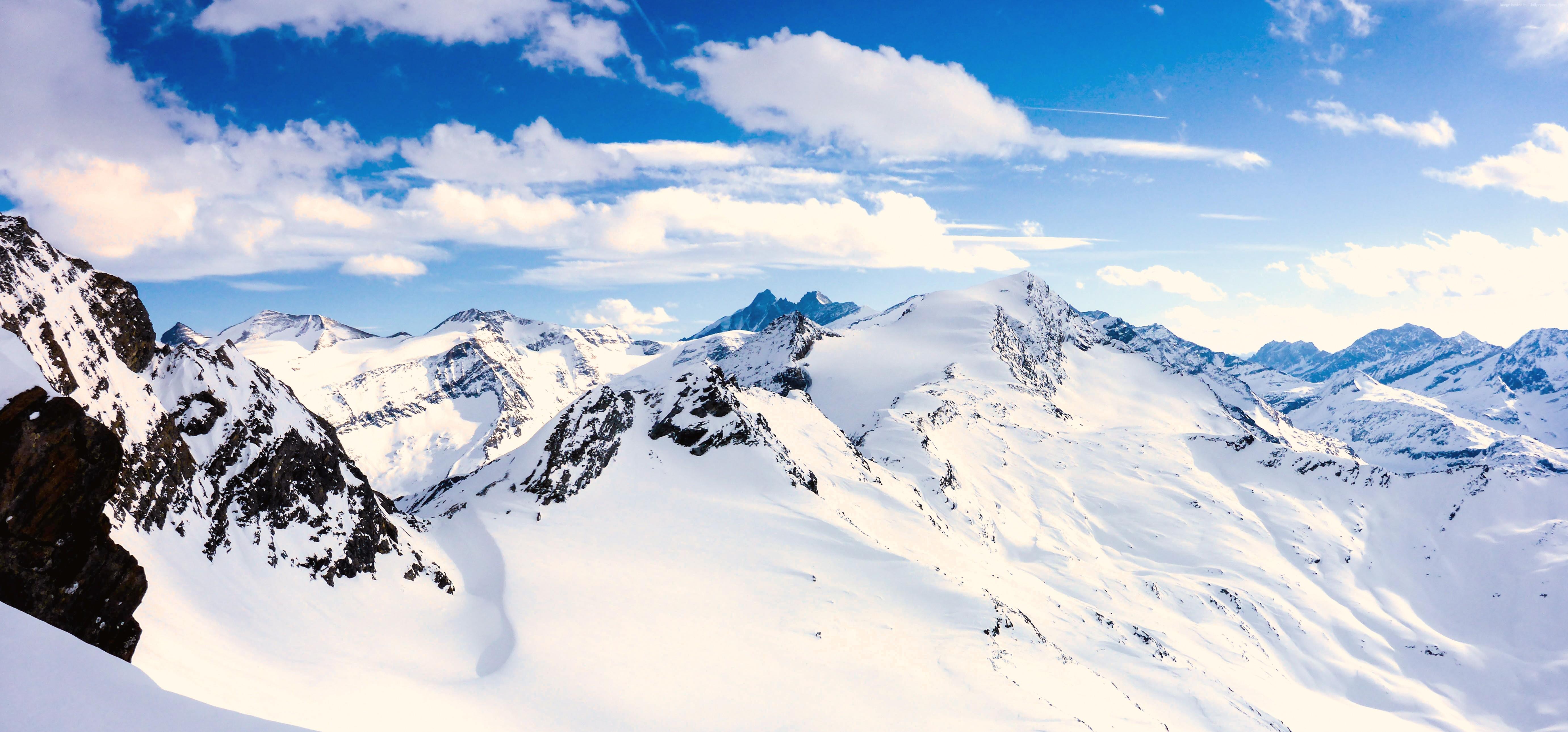 5523x2578 snow, clouds, Grossglockner, Austria, sky, mountains, winter, 5k Gallery HD Wallpaper