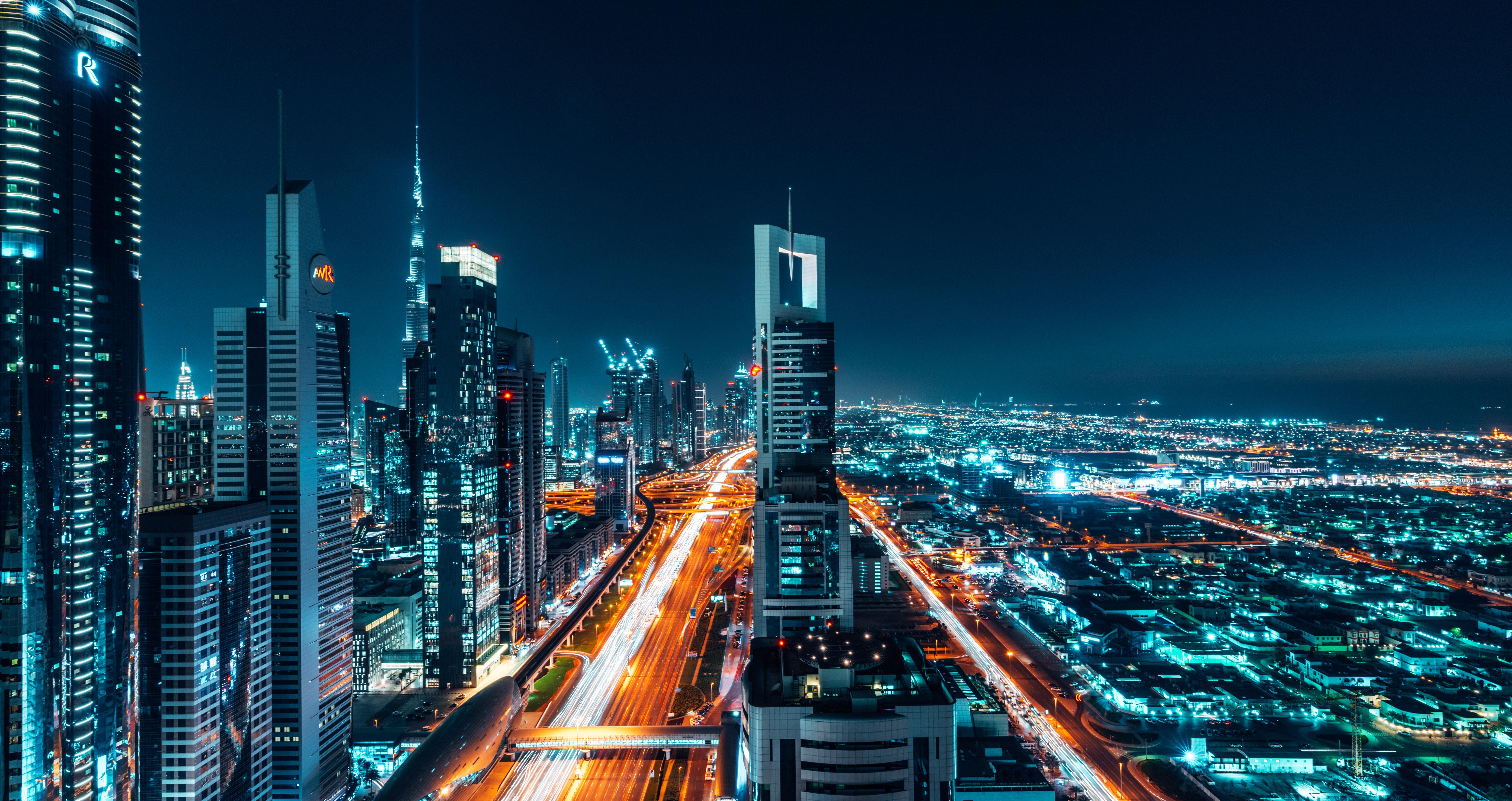 7586x4021 4K, Dubai, Night, Cityscape, 8K Gallery HD Wallpaper
