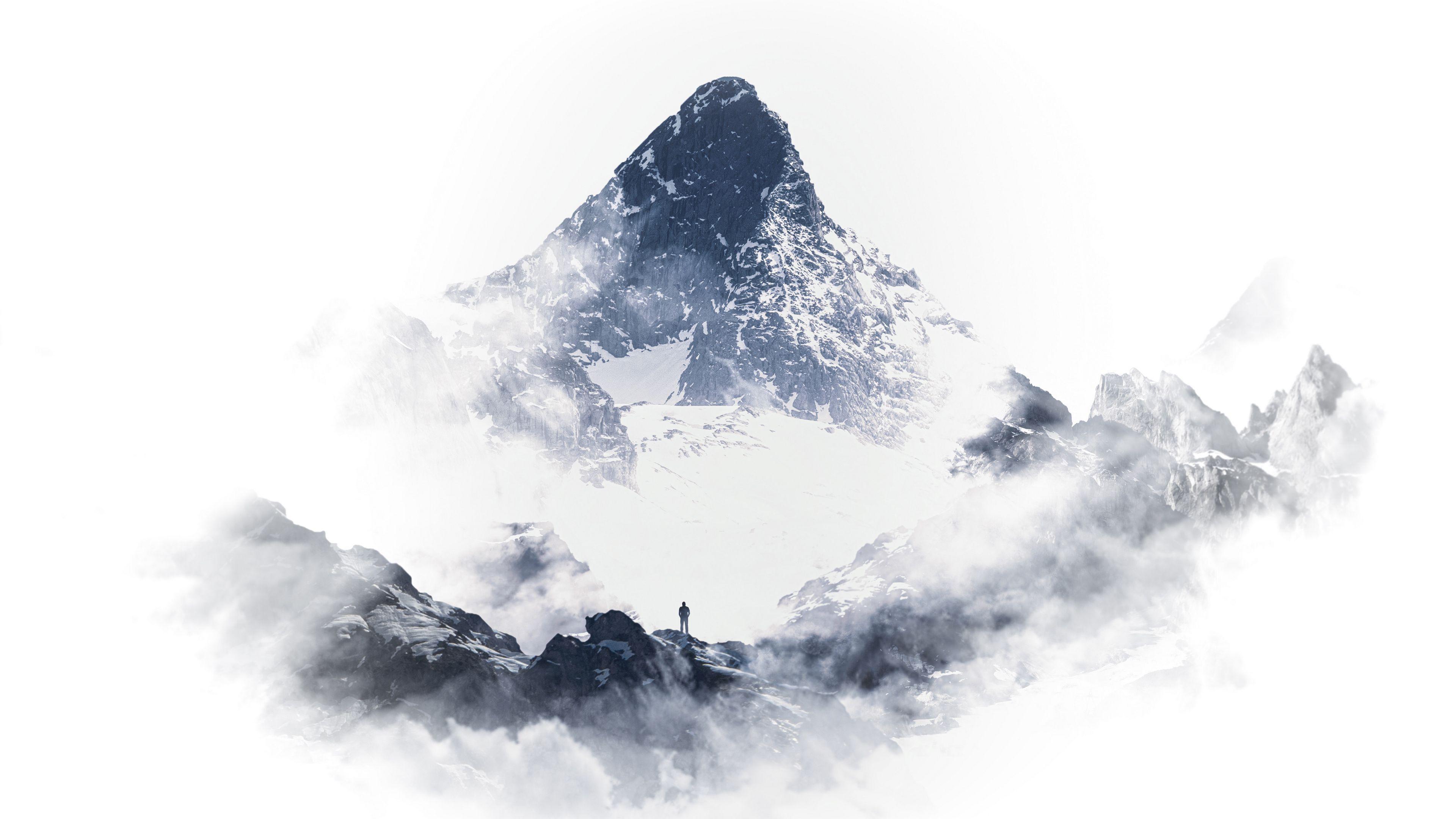 3840x2160 Download wallpaper 3840x2160 mountain, peak, silhouette, snow, clouds, white 4k uhd 16:9 HD background
