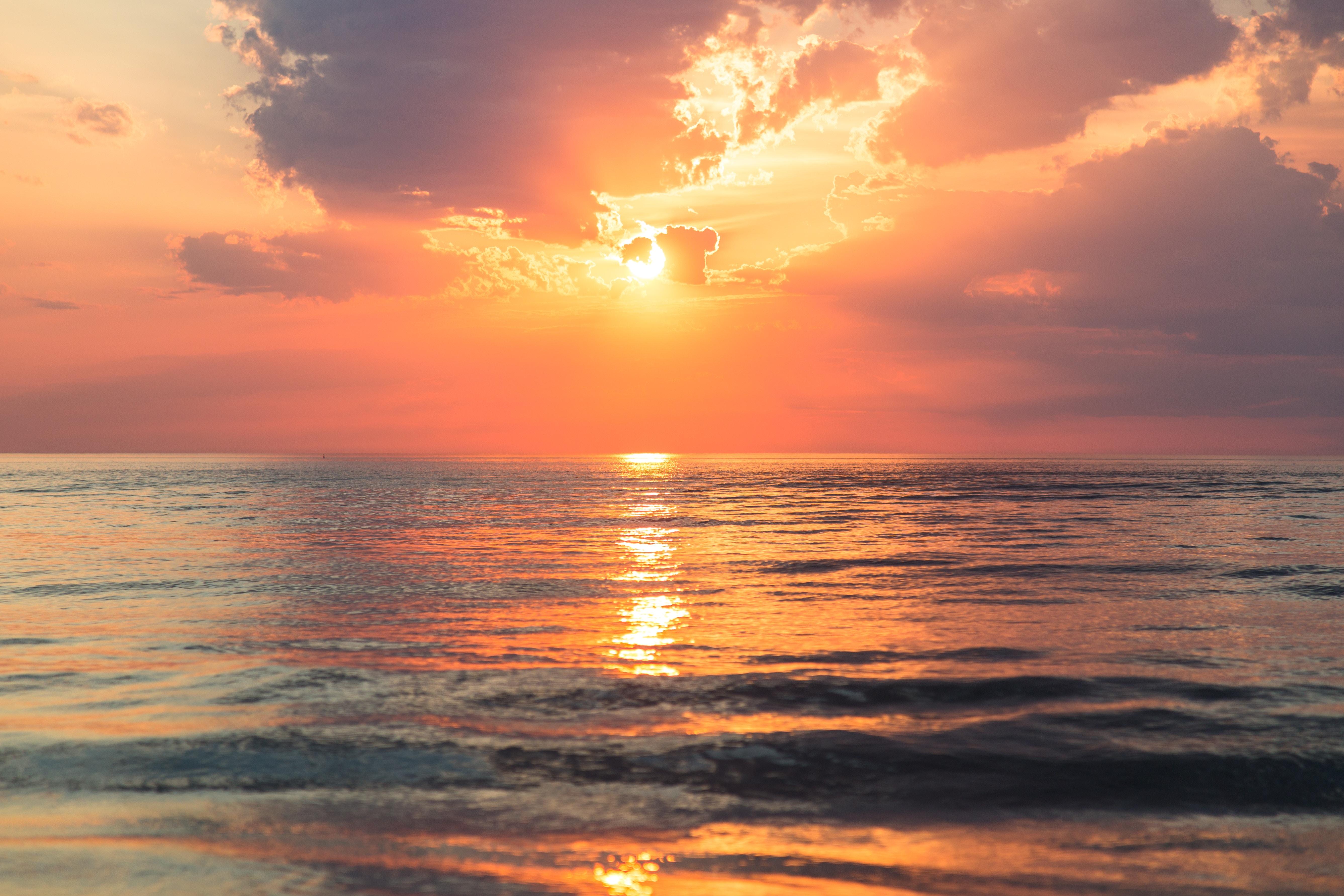 5347x3565 shiny, Creative Commons image, sun, sea, water, dawn, orange, dusk, calm, peace, yellow, nature, sunset, sunrise, peaceful, colorful, sun reflecting on water, shine, cloud, beautiful, ocean
