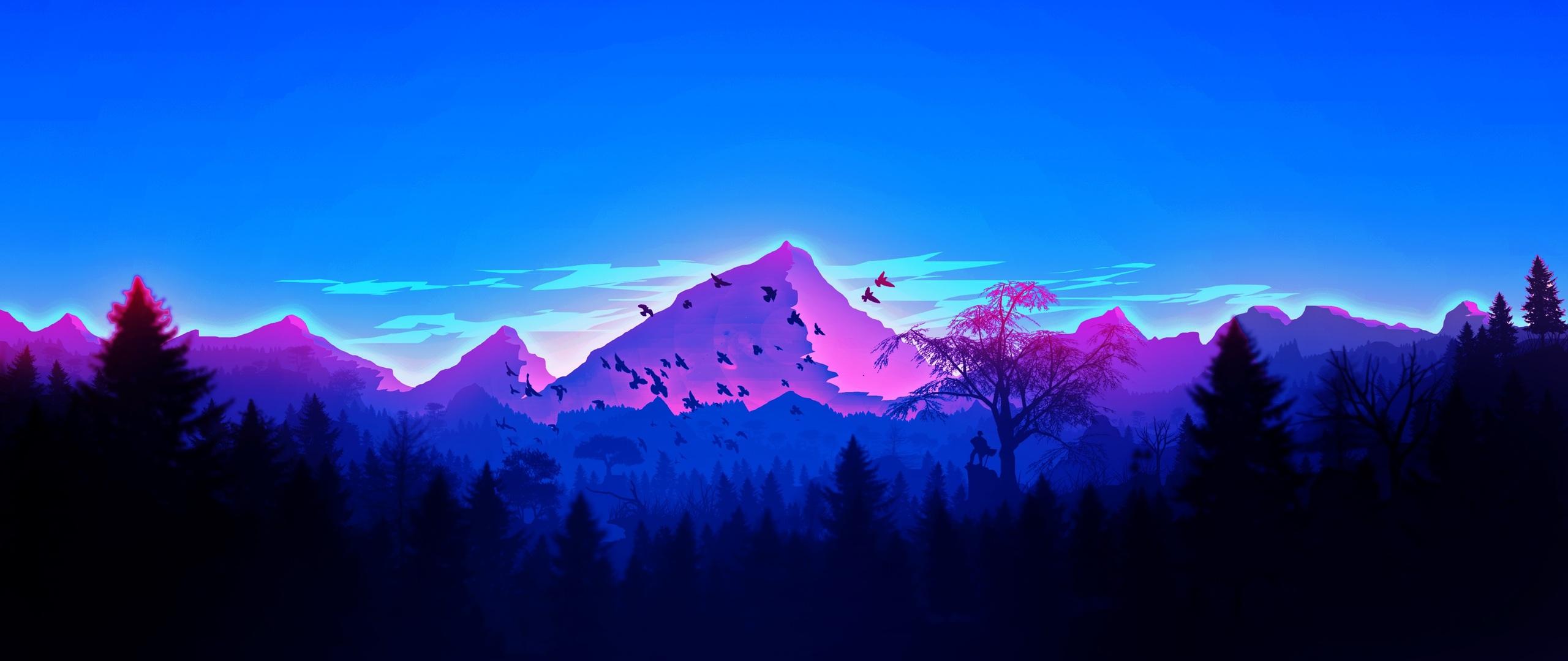 2560x1080 Forest Birds Mountains Vaporwave Minimalism 2560x1080 Resolution HD 4k Wallpaper, Image, Background, Photo and Picture