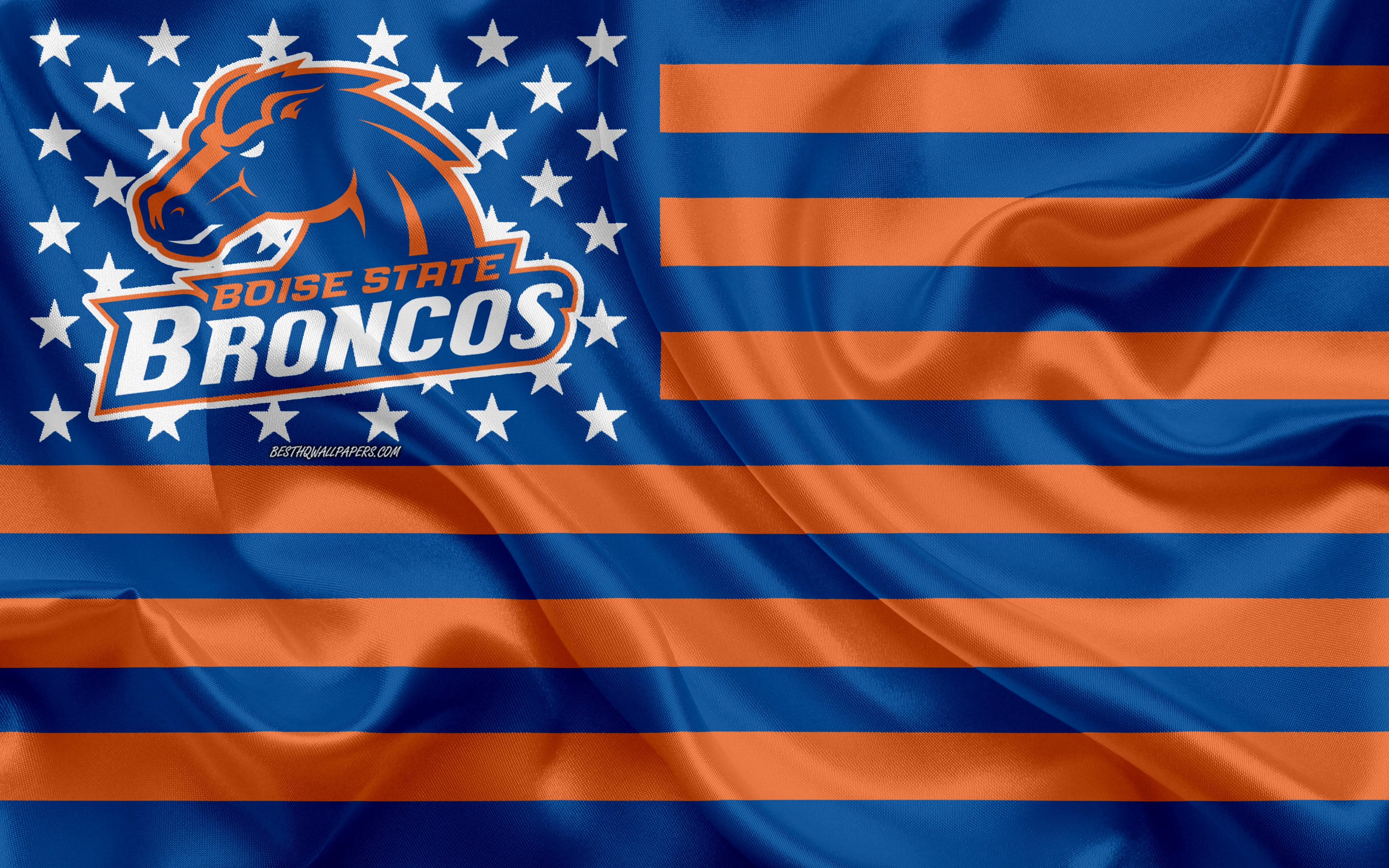 3840x2400 Download wallpaper Boise State Broncos, American football team, creative American flag, blue orange flag, NCAA, Boise, Idaho, USA, Boise State Broncos logo, emblem, silk flag, American football for desktop with resolution 3840x2400