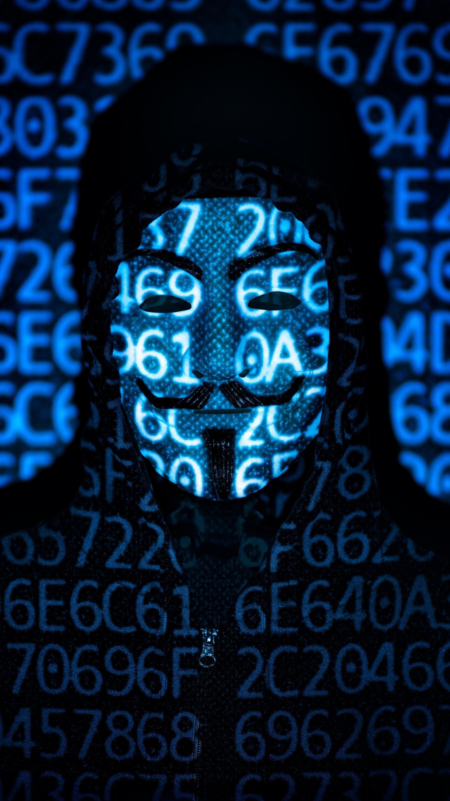 1440x2560 Hacker Wallpaper 4K, Guy Fawkes Mask, Code, Black Dark