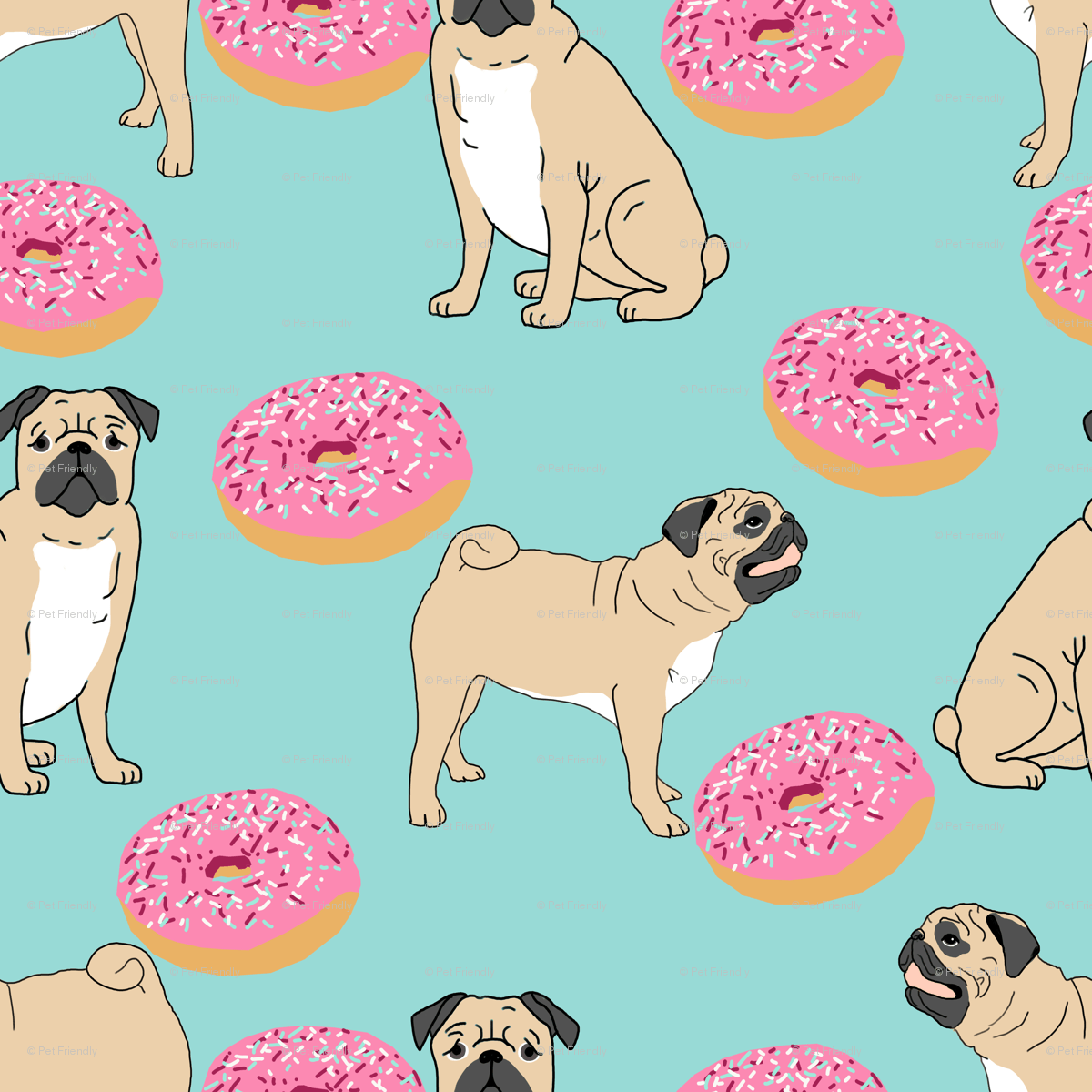 1200x1200 pug donuts sprinkles mint pastel dog breed pattern fabric pugs