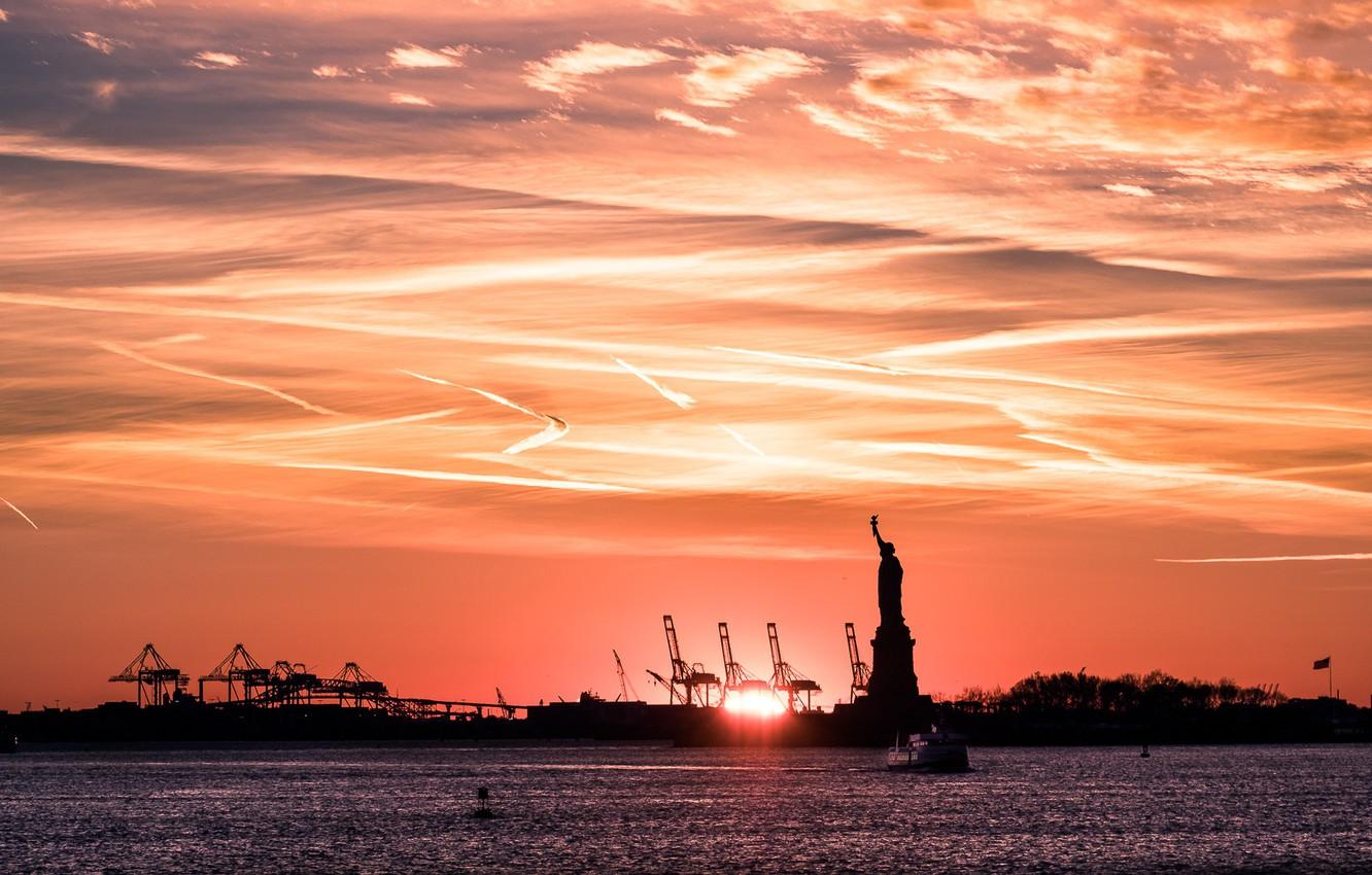 1332x850 Wallpaper sunset, New York, Statue of Liberty image for desktop, section город