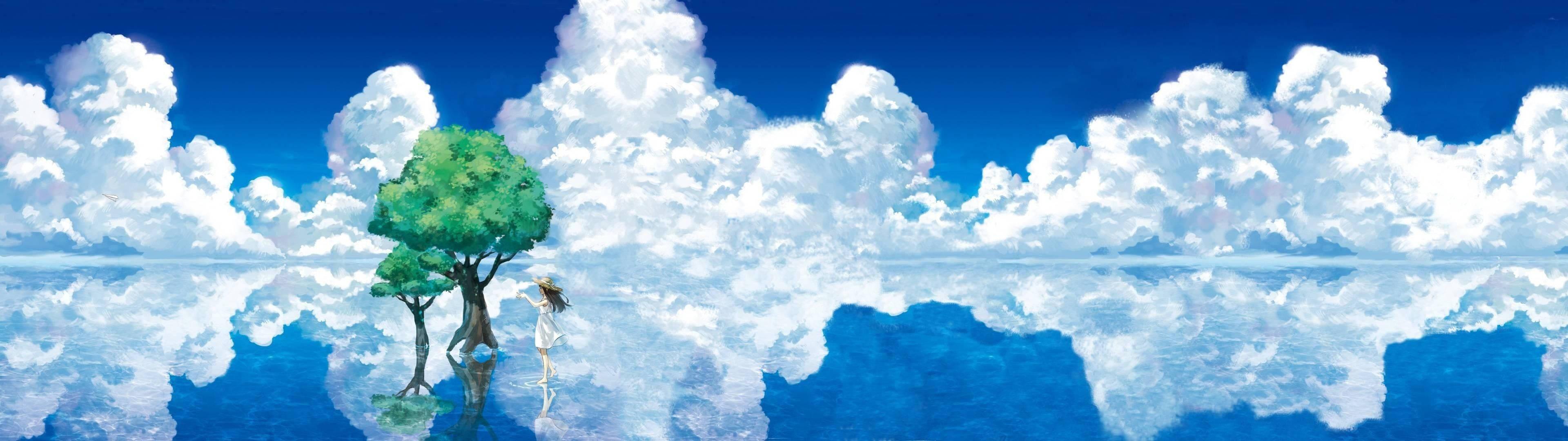 3840x1080 Download Anime Landscape Sky Dual Screen Wallpaper