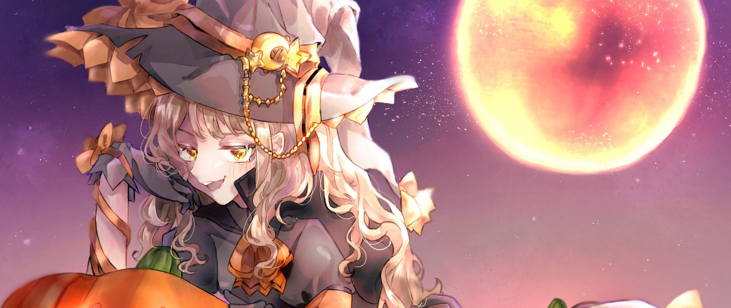 2560x1080 Download wallpaper 2560x1080 girl, witch, hat, pumpkin, halloween, anime dual wide 1080p HD background