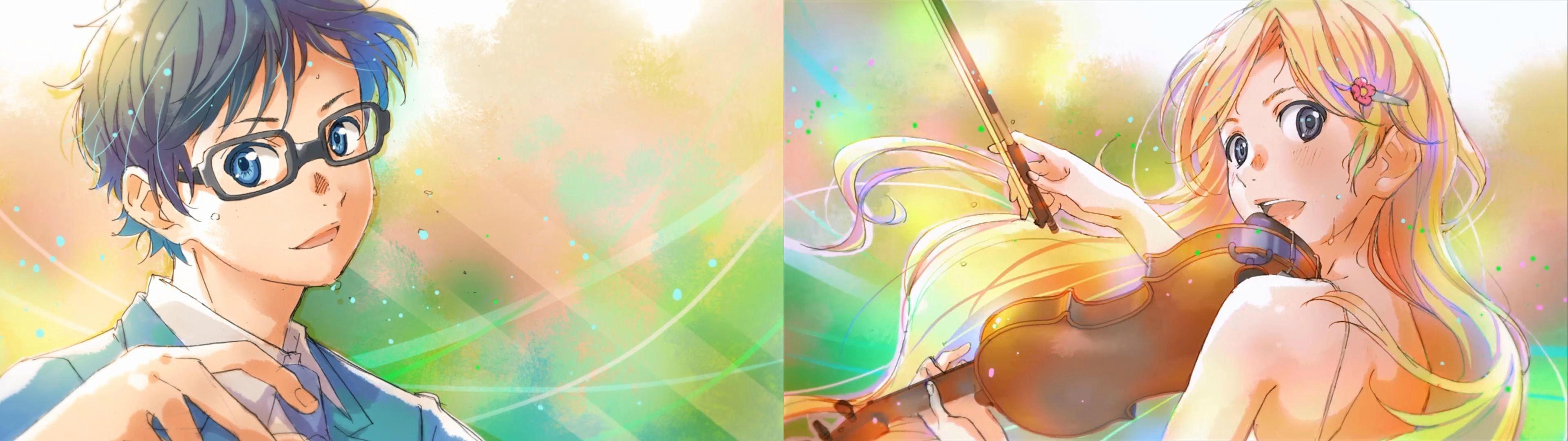 3840x1080 illustration, anime, Shigatsu wa Kimi no Uso, Miyazono Kaori, dual monitors, Arima Kousei, color, mangaka Gallery HD Wallpaper