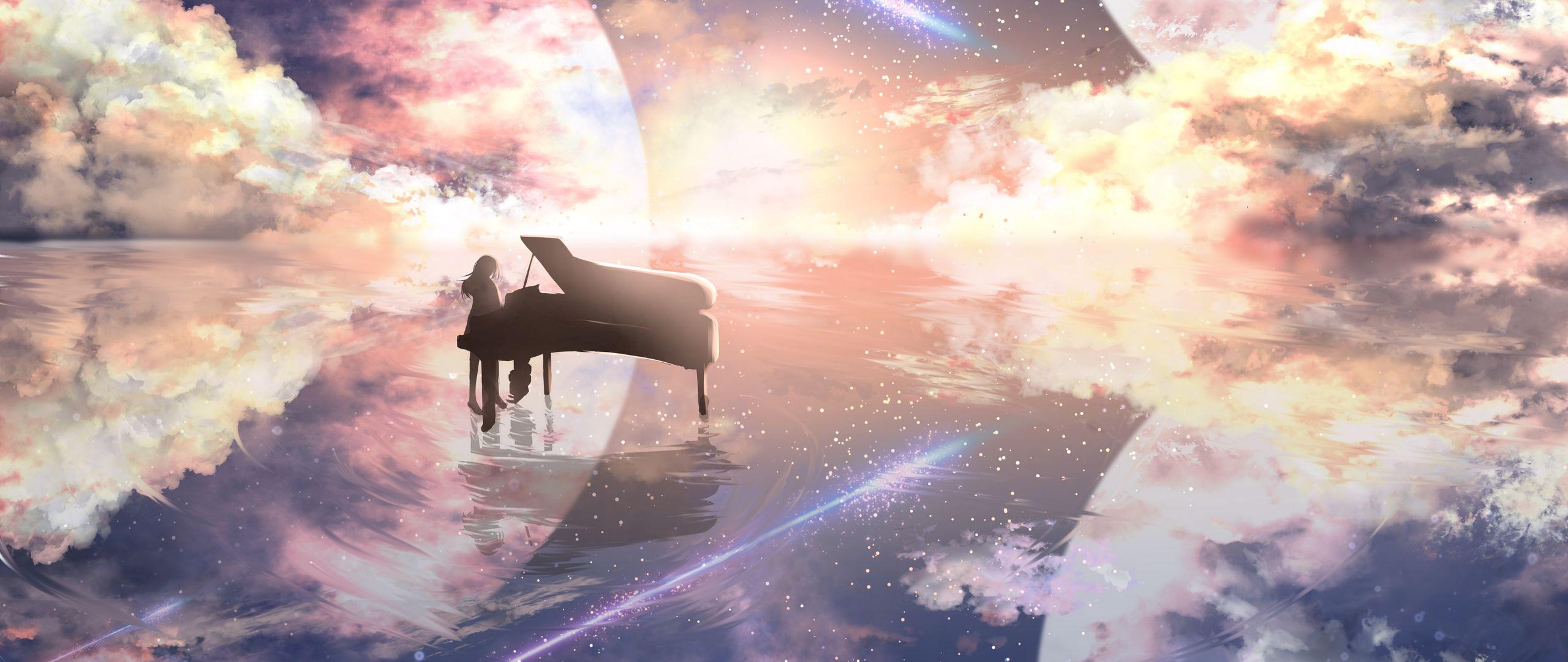 2560x1080 Download wallpaper 2560x1080 piano, silhouette, space, illusion, anime dual wide 1080p HD background