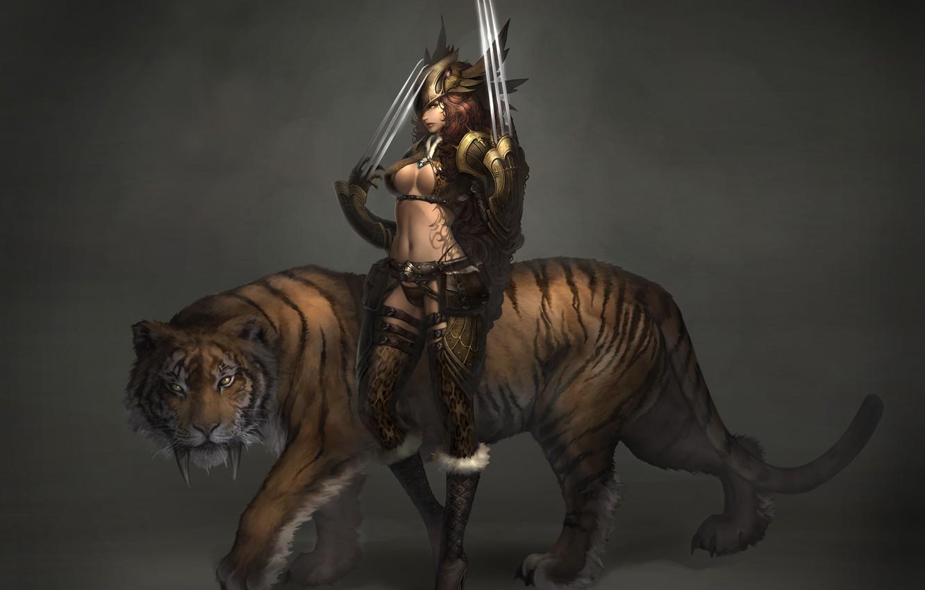 1332x850 Wallpaper girl, tiger, weapons, art, tattoo, Atlantica online, Sabretooth image for desktop, section игры