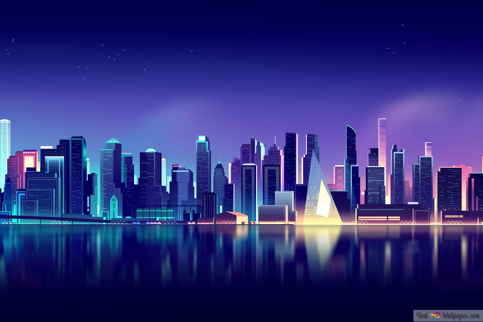 2000x1333 Neon City Skyline 4K wallpaper download