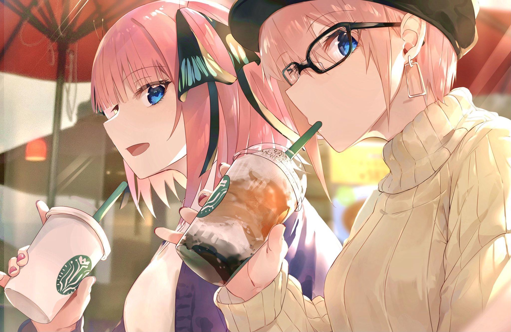 2047x1331 Toubun No Hanayome Casual Drinking Straw Open Mouth Blue Eyes Starbucks Anime Girls Women With Gla Wallpaper:2047x1331