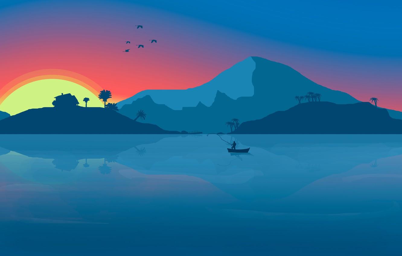 1332x850 Wallpaper Sunset, Minimalism, Mountains, Lake, River, Boat, House, Birds, Dawn, House, Background, Fishing, Fisherman image for desktop, section минимализм
