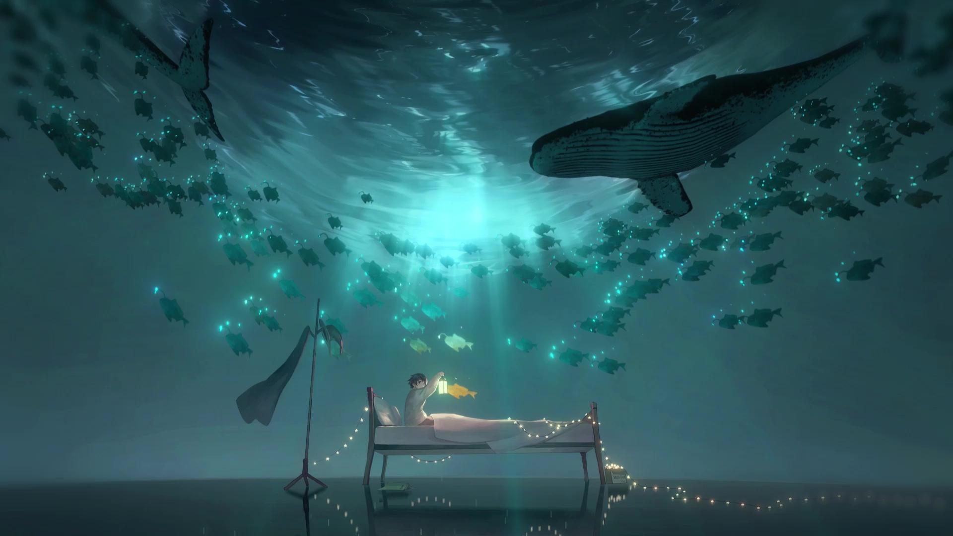 1920x1080 Anime Boy Underwater With Sea Creatures Live Wallpaper