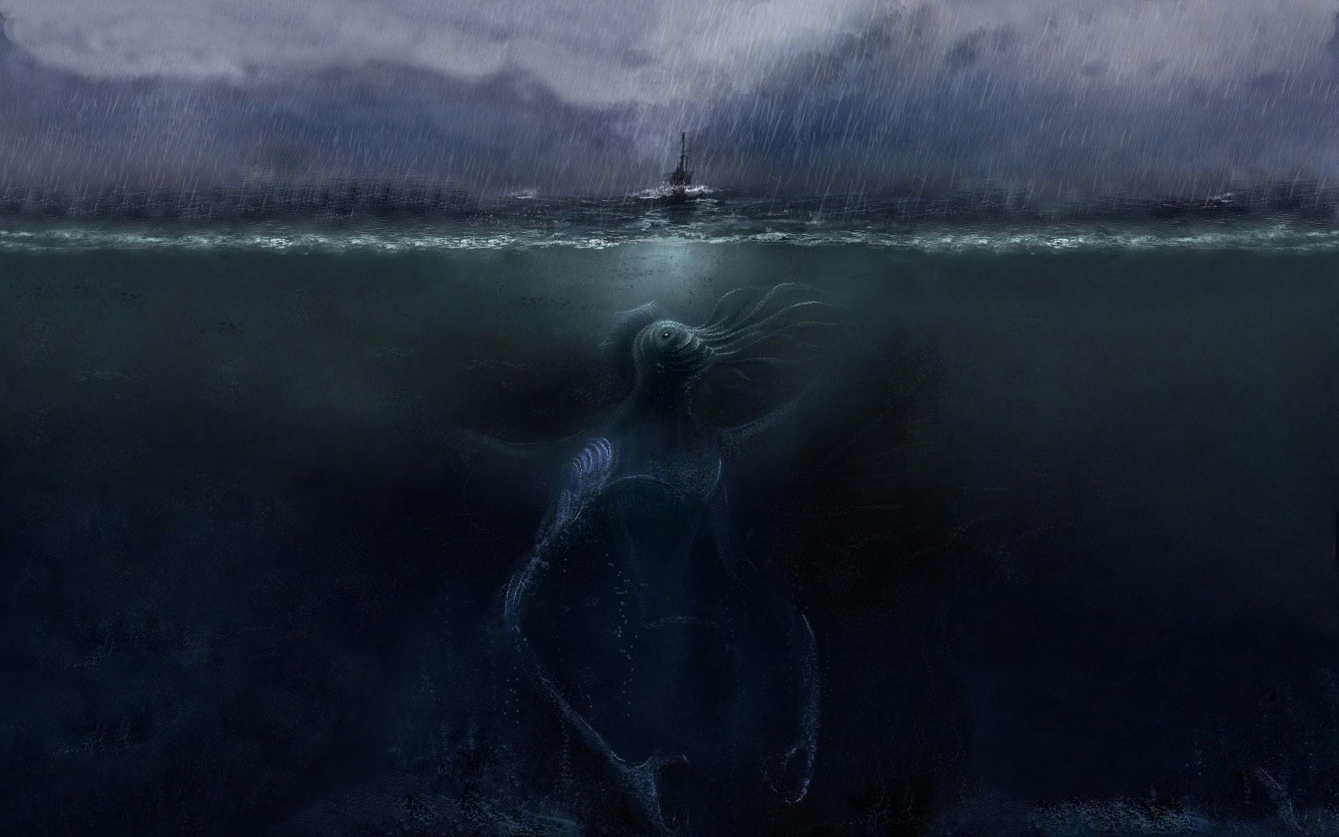 1920x1200 Wallpaper / digital art, Cthulhu, storm, horror, creature, sea, 1080P, sea monsters, split view, underwater, rain, fantasy art free download