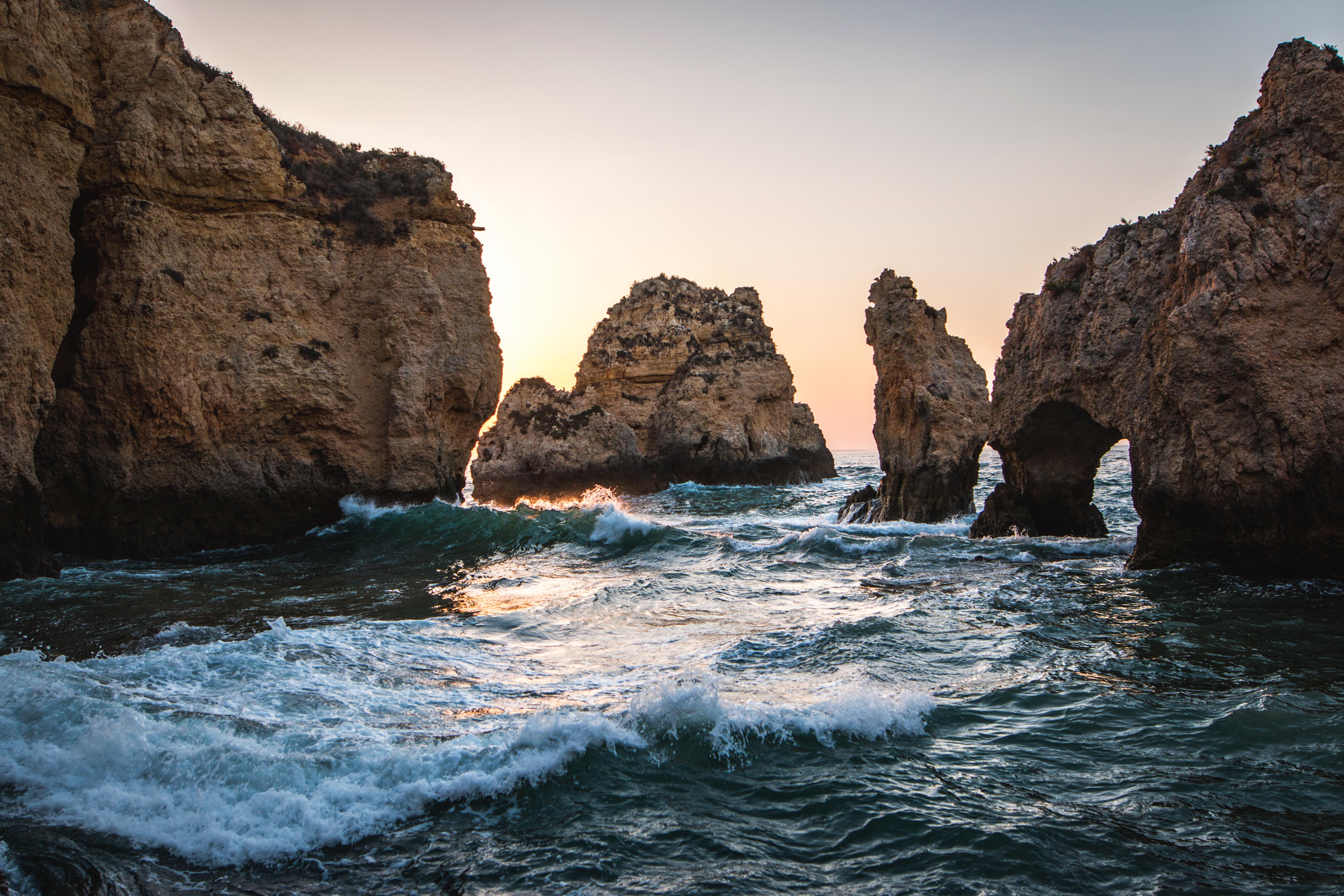5472x3648 Portugal, Lagos, Water, Sunrise, Sun, Europe, Rocks, Cliff, Algarve, Beach Wallpaper HD / Desktop and Mobile Background