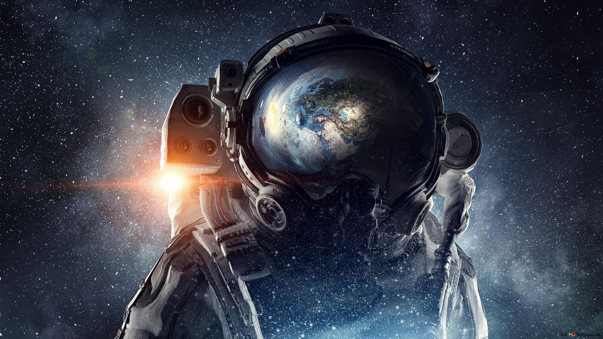 1920x1080 Astronaut with world silhouette reflected on his helmet 4K wallpaper download