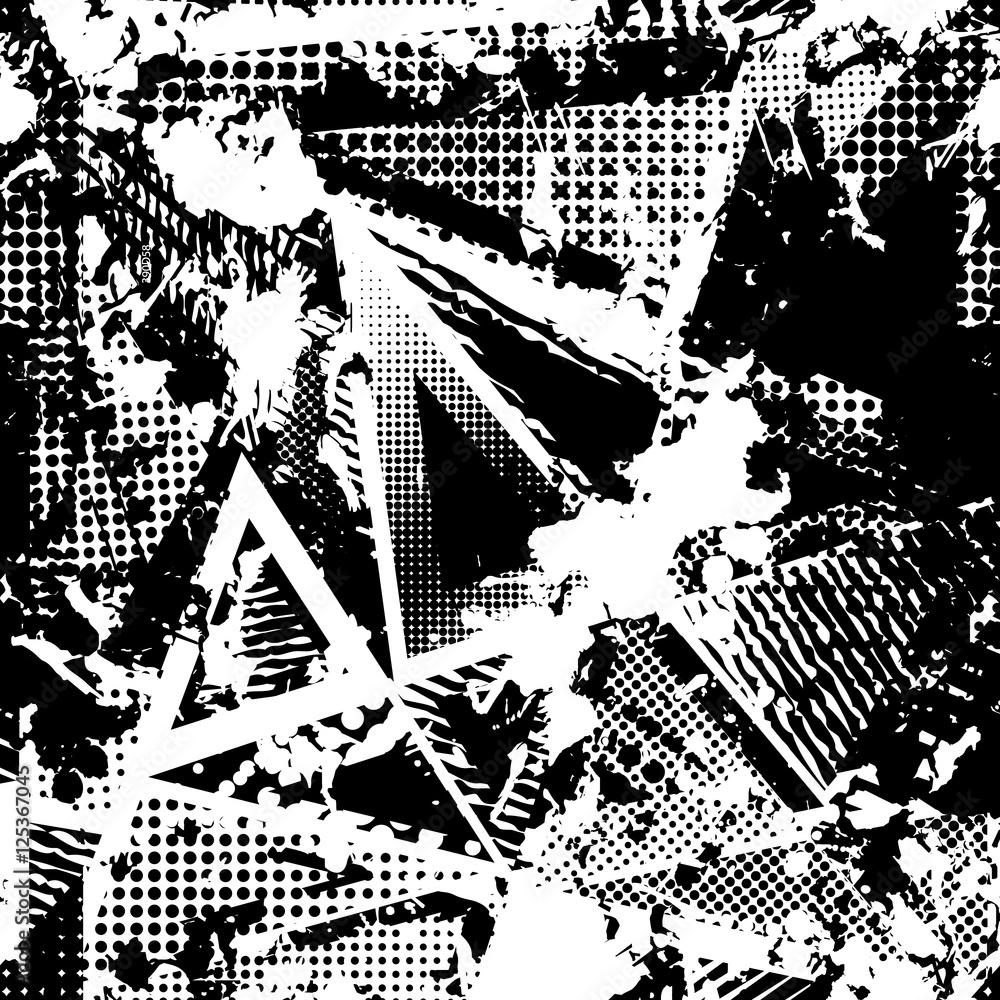 1000x1000 Abstract urban seamless pattern. Grunge texture background. Scuffed drop sprays, triangles, dots, black and white spray paint, splash. Urban modern wallpaper. Fashion textile, sport fabric. torn style Stock Vector