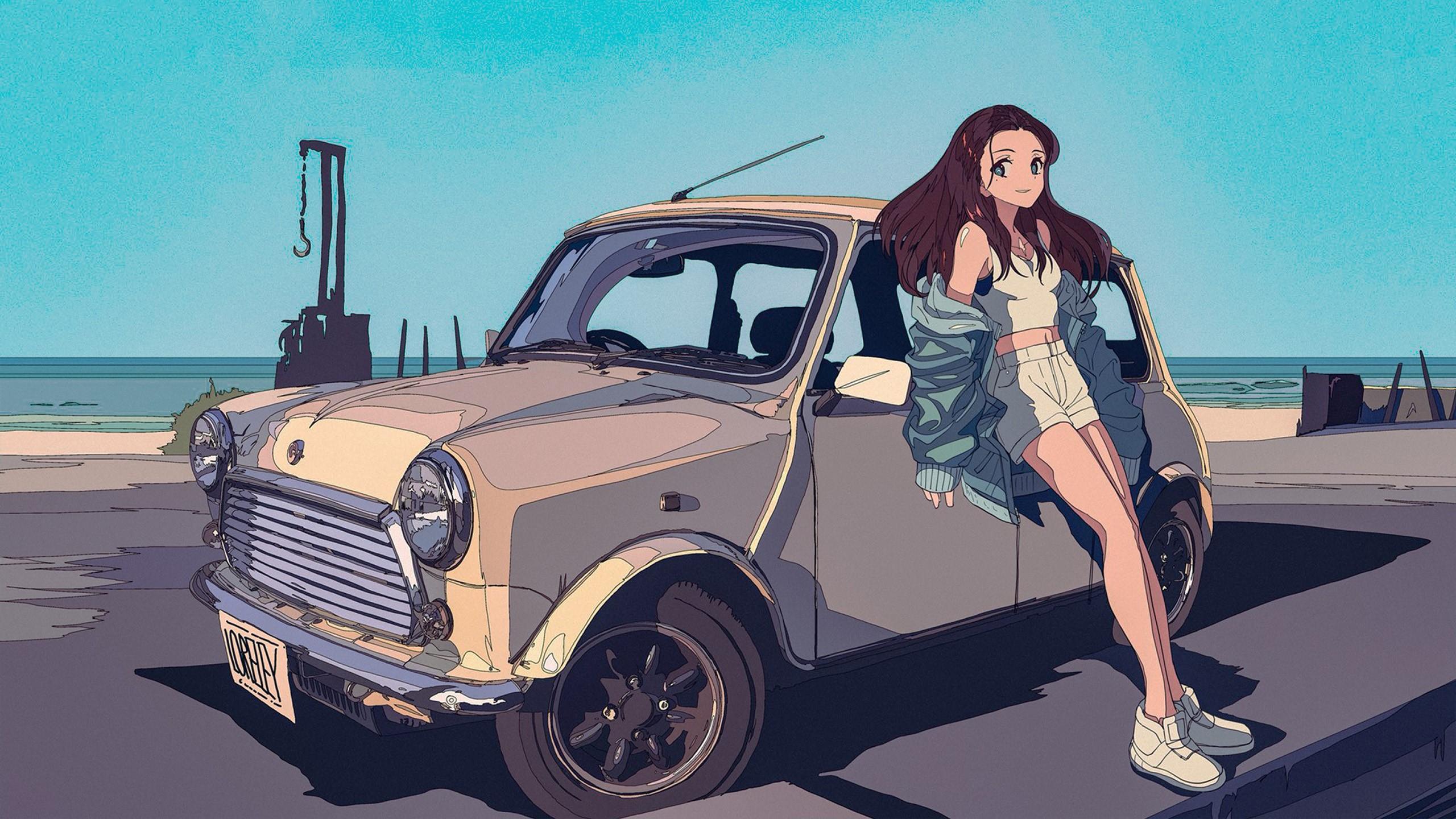 2560x1440 car, Mini, anime girls, beach, jacket, beige, RS Watanabe Gallery HD Wallpaper