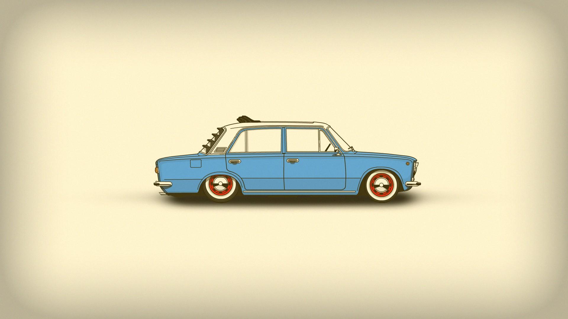 1920x1080 car, blue cars, minimalism, LADA, old car, Lada low car, Russian cars, artwork, vehicle, beige backgroundx1080 Wallpaper