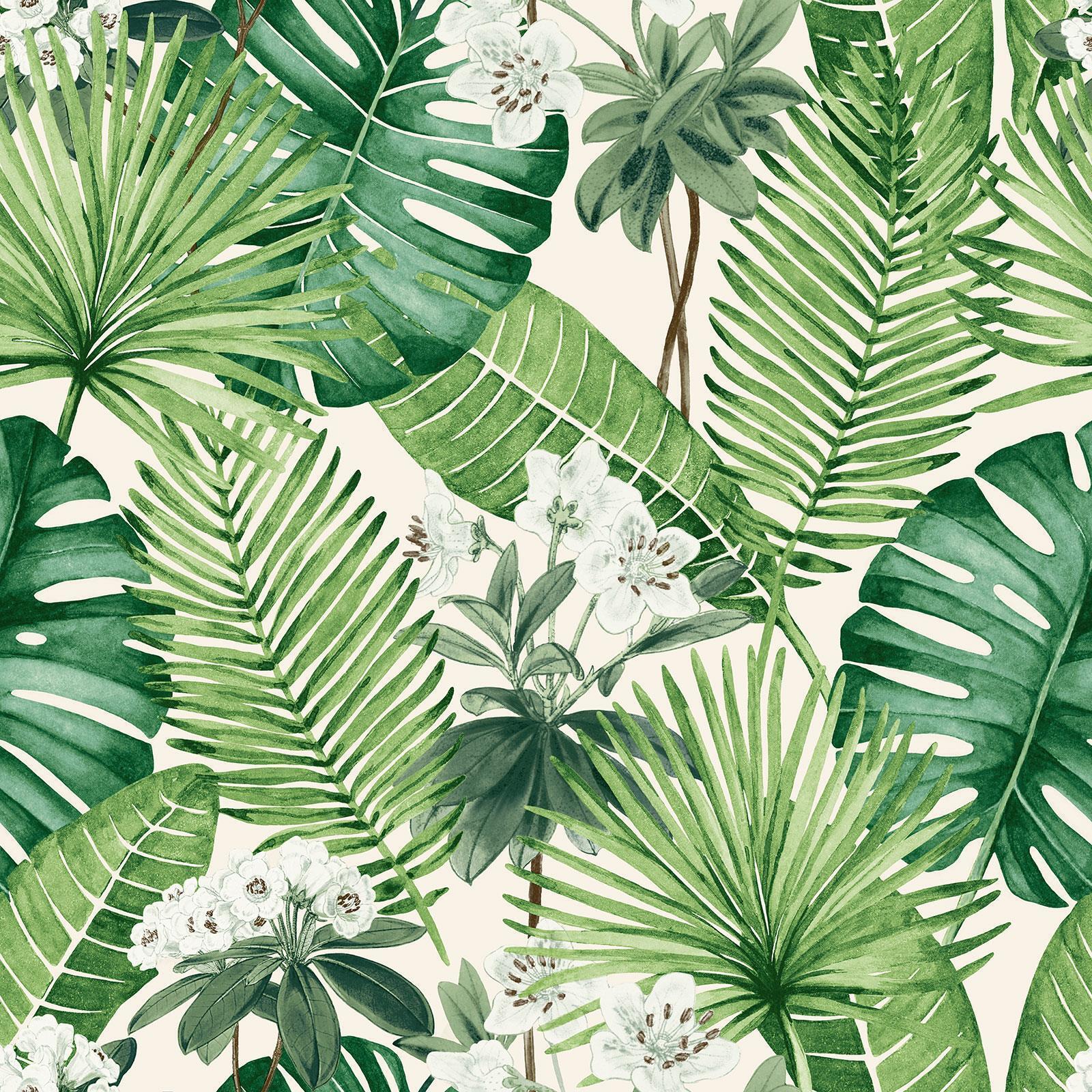 1600x1600 Isla Floral Wallpaper Palm Leaves Exotic Flowers Jungle Greenery M37814 Cream 3294270378144