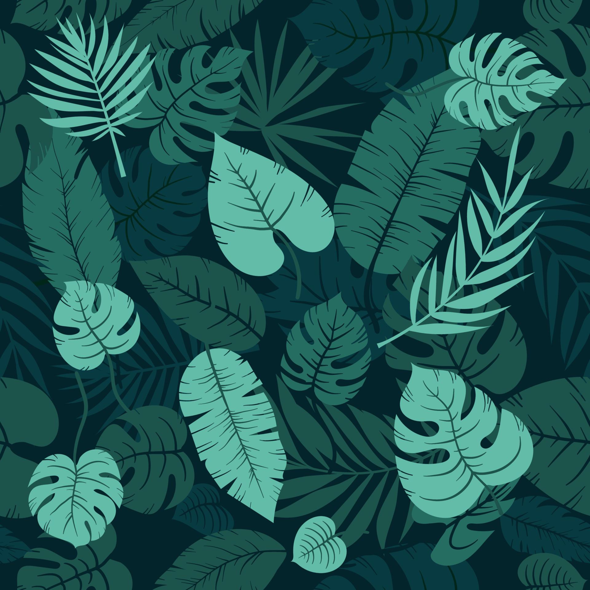 1920x1920 Seamless vector green tropic leaves jungle plant pattern in layers with shadows. Leaf overlay on brunch monstera and palm leaves. Suitable for wallpaper, wrapping, textile printing and background. 7633633 Vector Art