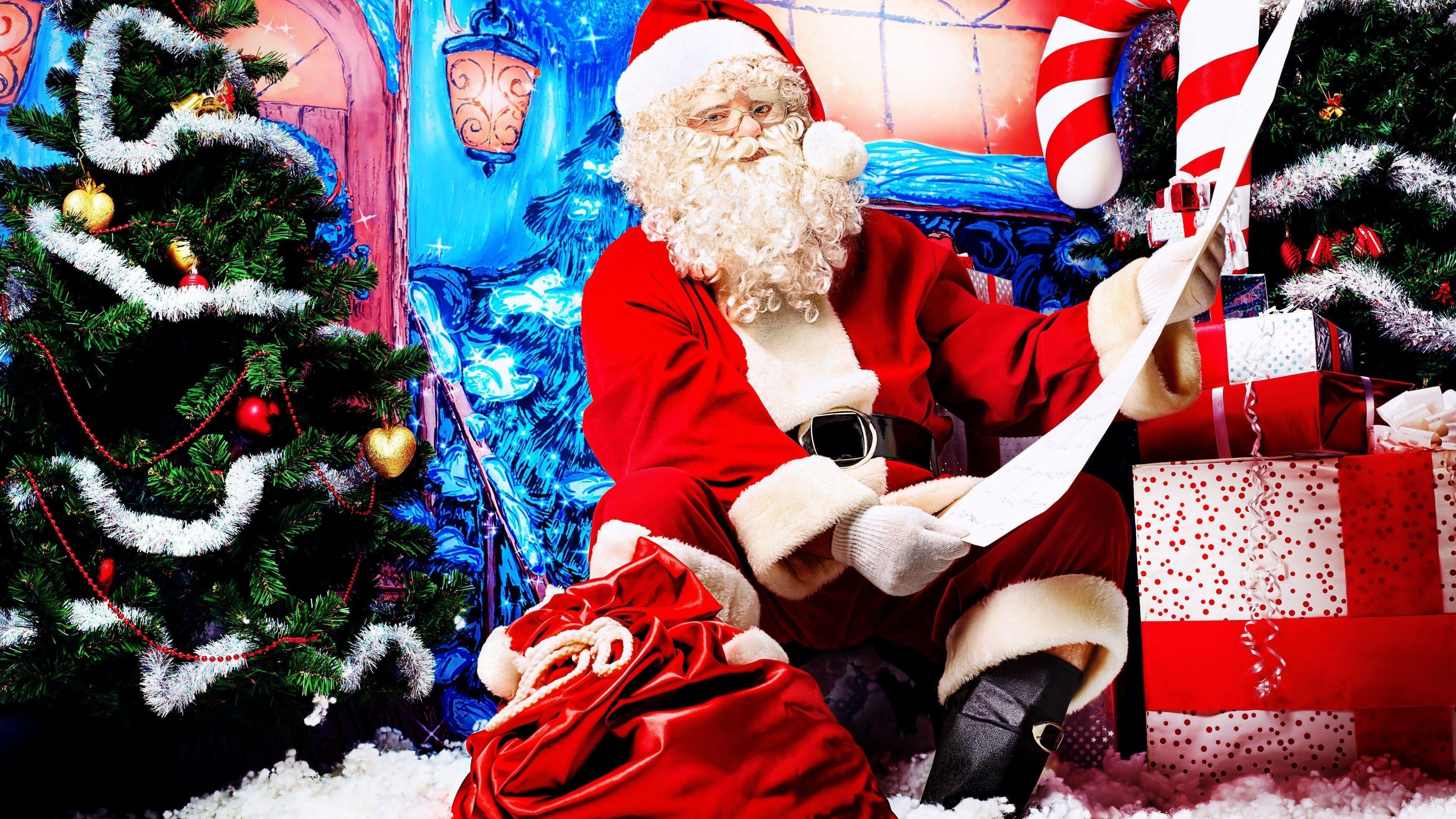 3840x2160 Wallpaper Christmas, Santa Claus, Fir Tree, Gifts, Fairy Tale, Snow