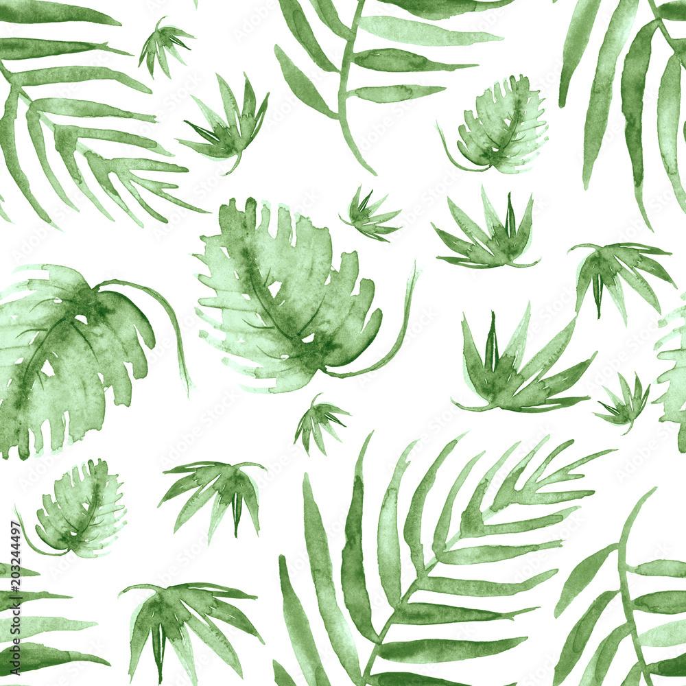 1000x1000 Seamless watercolor background from green tropical leaves, palm leaf, floral pattern. Bright Rapport for Paper, Textile, Wallpaper, design. Tropical leaves watercolor. Stock Illustration