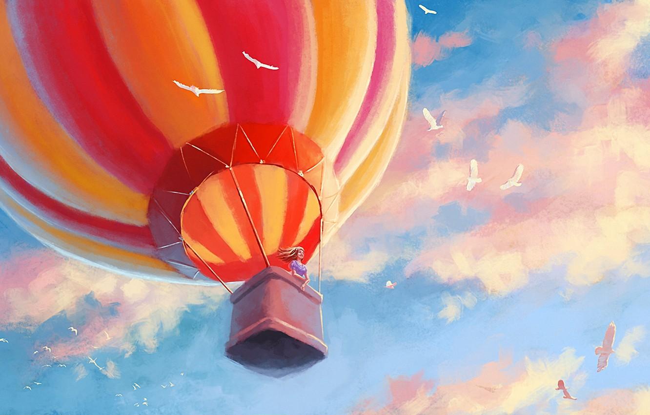 1332x850 Wallpaper girl, clouds, birds, balloon, art image for desktop, section живопись