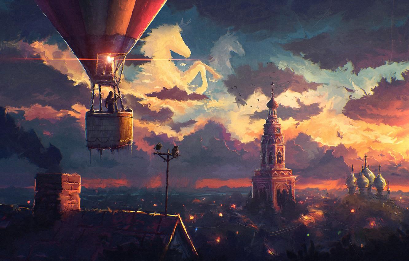 1332x850 Wallpaper roof, the sky, clouds, the city, balloon, art, Church, the dome image for desktop, section живопись