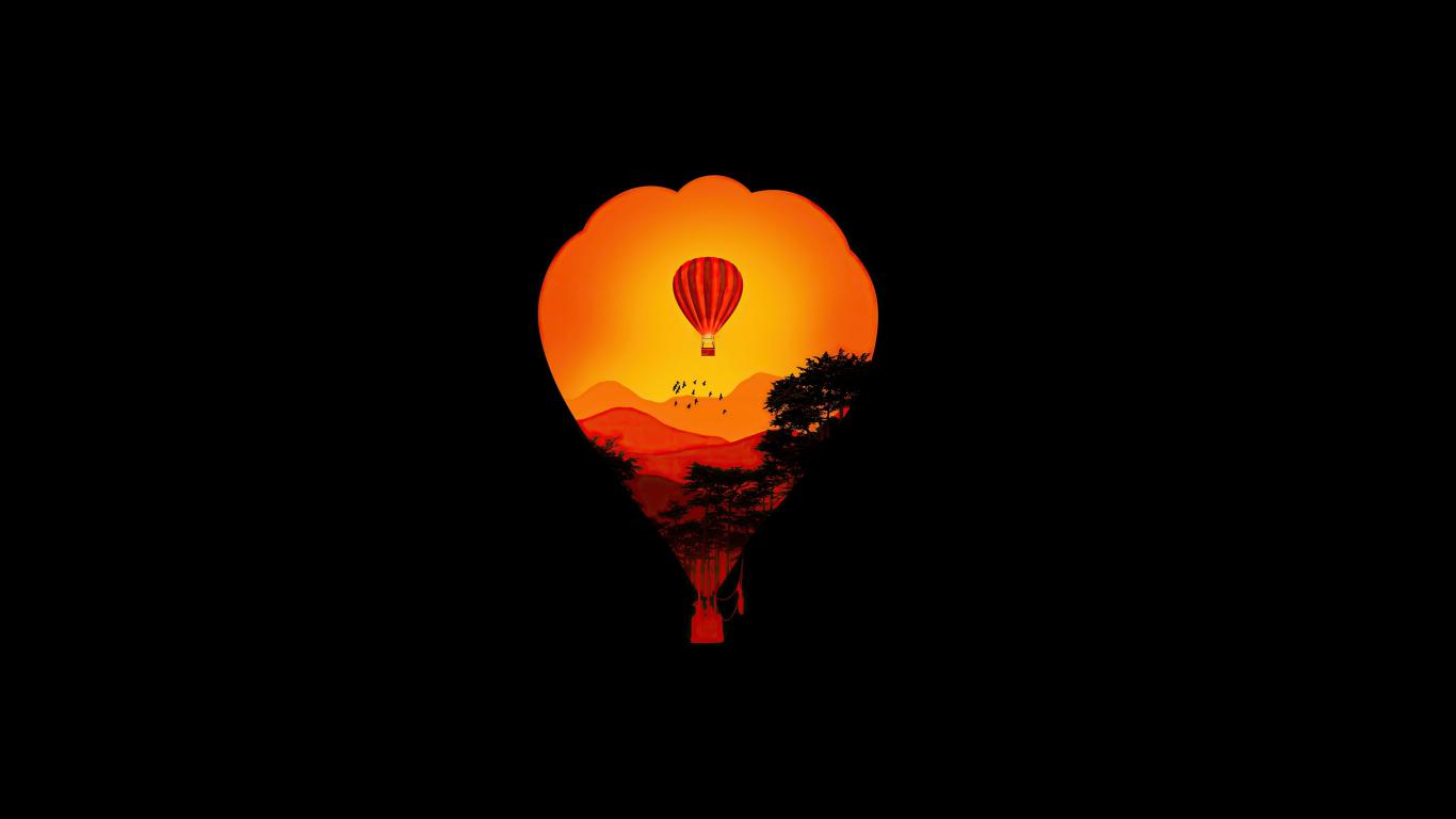 1366x768 Air balloon minimal sunset dark art wallpaper background