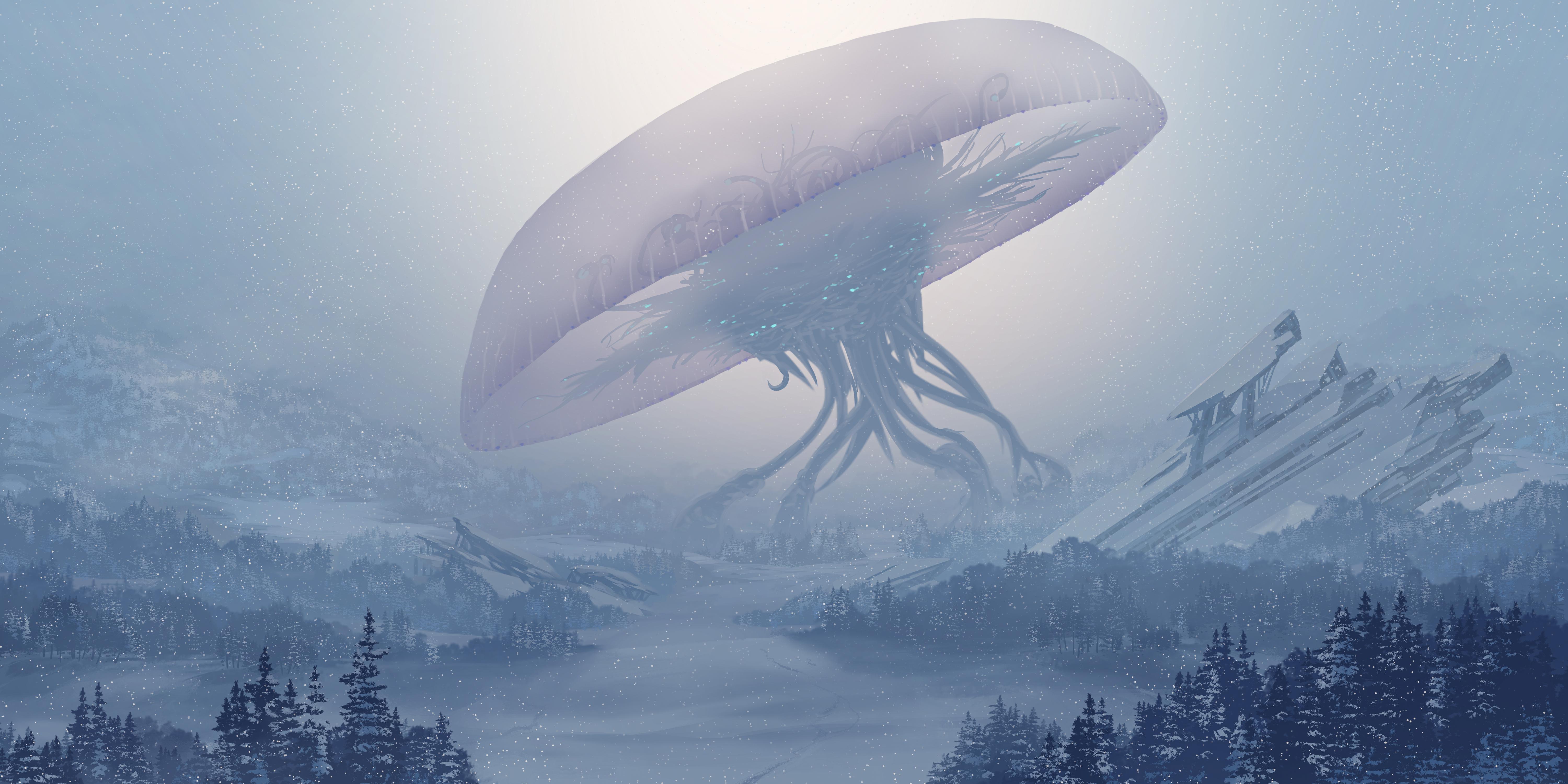6000x3000 Cosmic Horror Winter Forest Snow Alien Invasion Nick Jizba Wallpaper:6000x3000