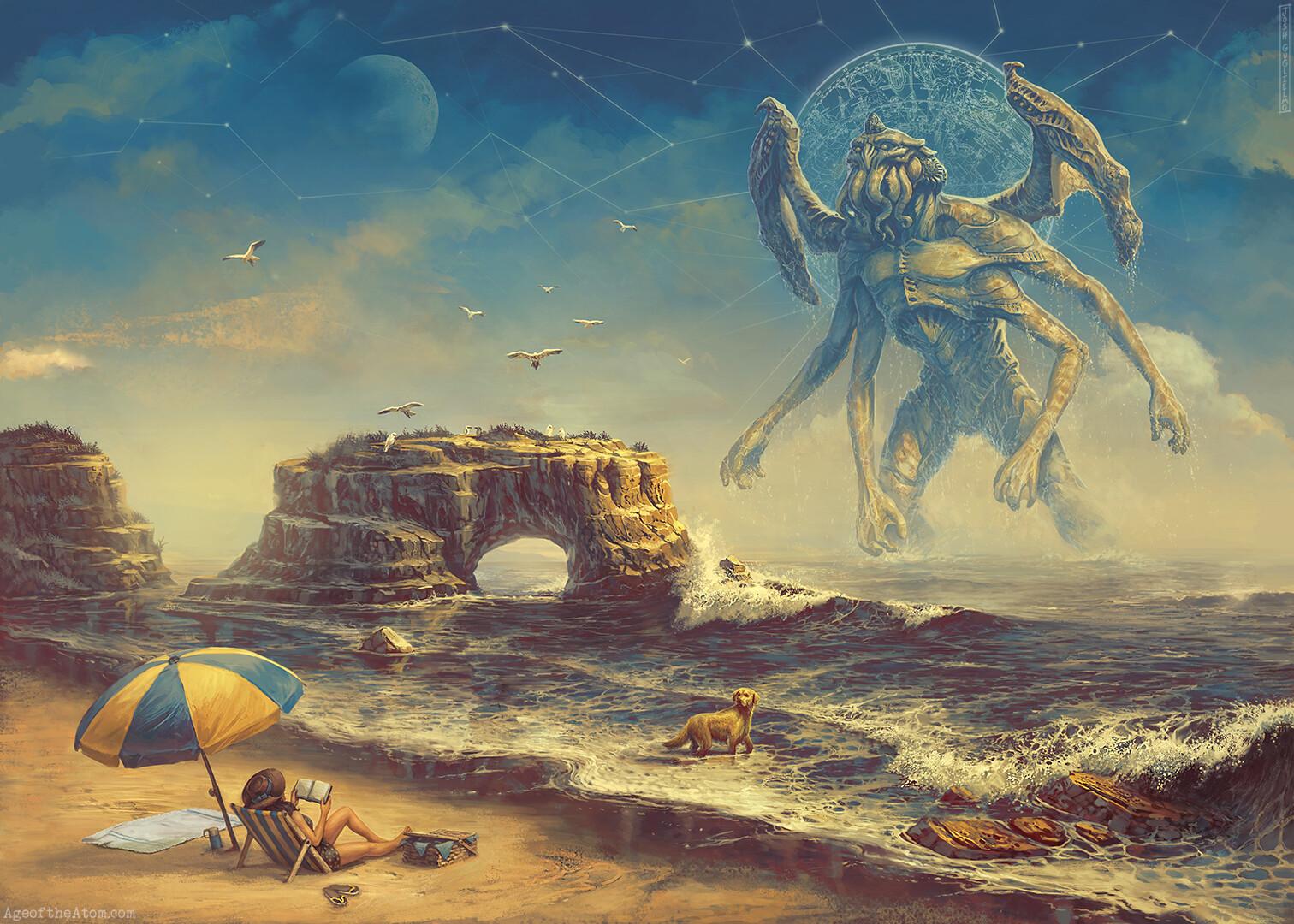 1512x1080 Josh Guglielmo Cthulu Cosmic Horror Beach Dog Wallpaper:1512x1080