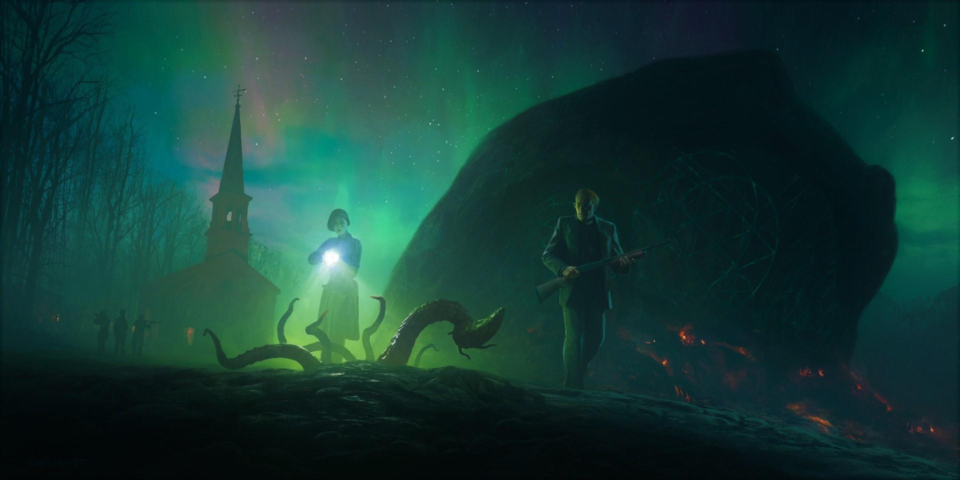 1920x960 H. P. Lovecraft, forest, horror, space, Cthulu, mansion, Richard Wright, stars, church, night, creature Gallery HD Wallpaper