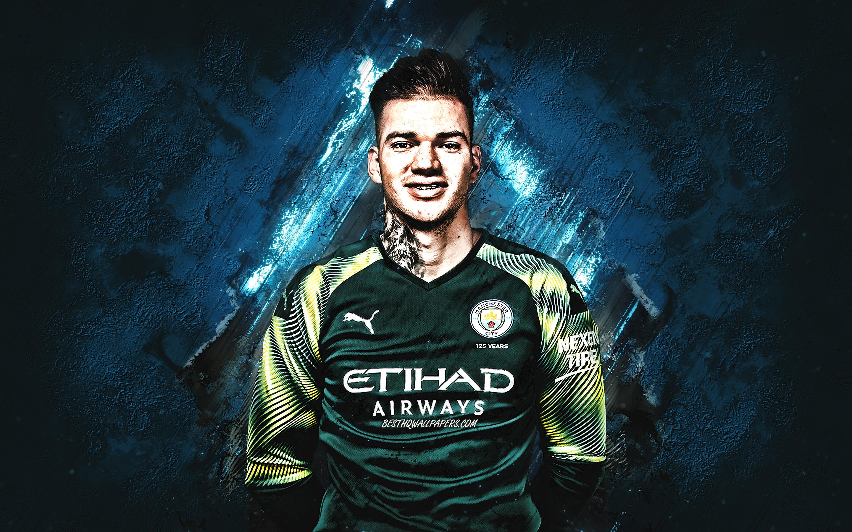 2880x1800 Download wallpaper Ederson, Manchester City FC, Brazilian soccer player, goalkeeper, portrait, blue stone background, Premier League, England, Ederson Santana de Moraes for desktop with resolution 2880x1800. High Quality HD picture wallpaper