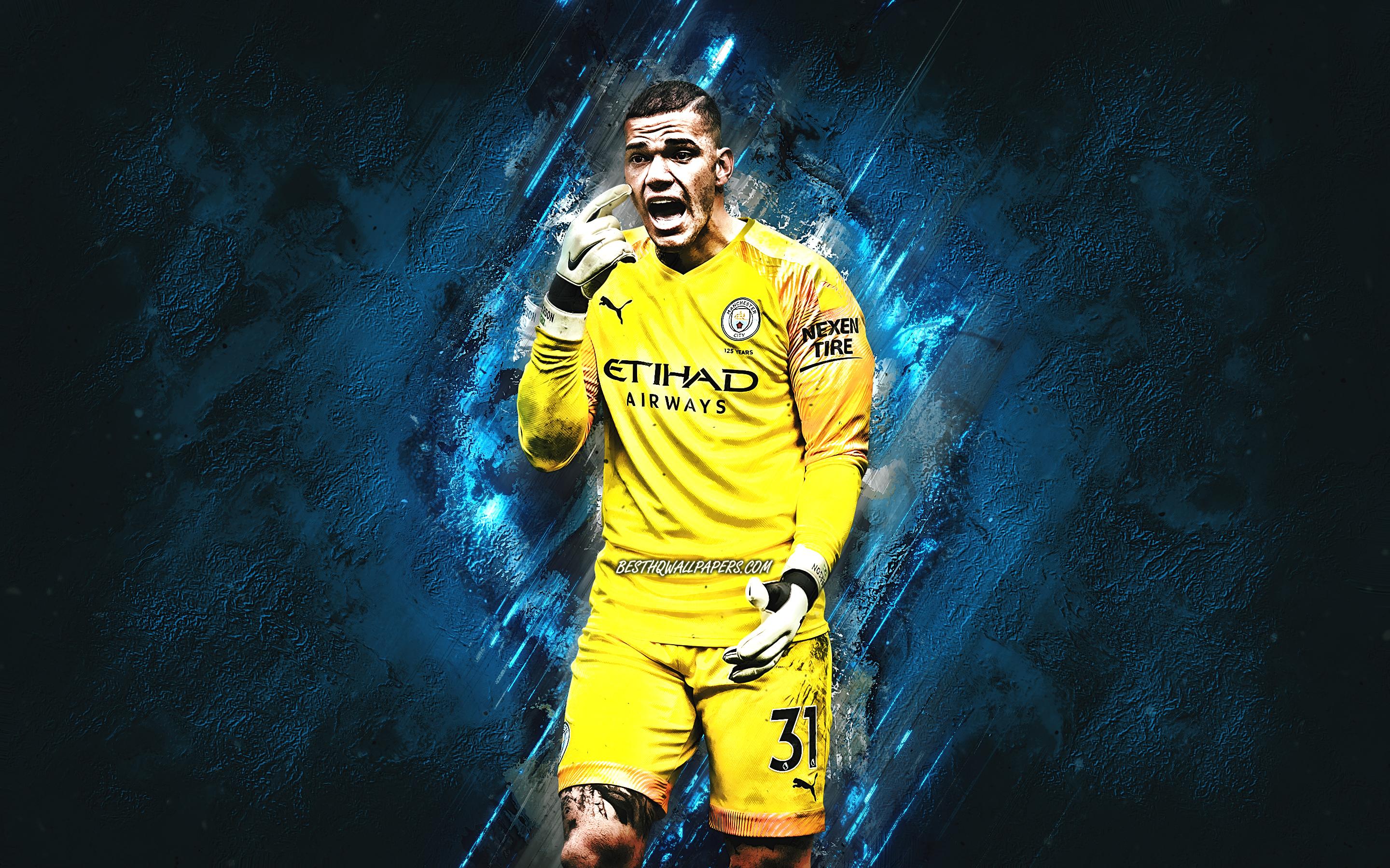 2880x1800 Download wallpaper Ederson, Manchester City FC, Brazilian soccer player, goalkeeper, portrait, blue stone background, Premier League, England, football, Ederson Santana de Moraes for desktop with resolution 2880x1800. High Quality HD picture wallpaper