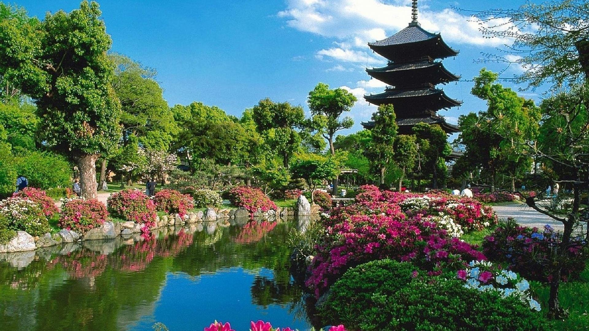 1920x1080 Japan nature trees flowers garden kyoto lakes wallpaper