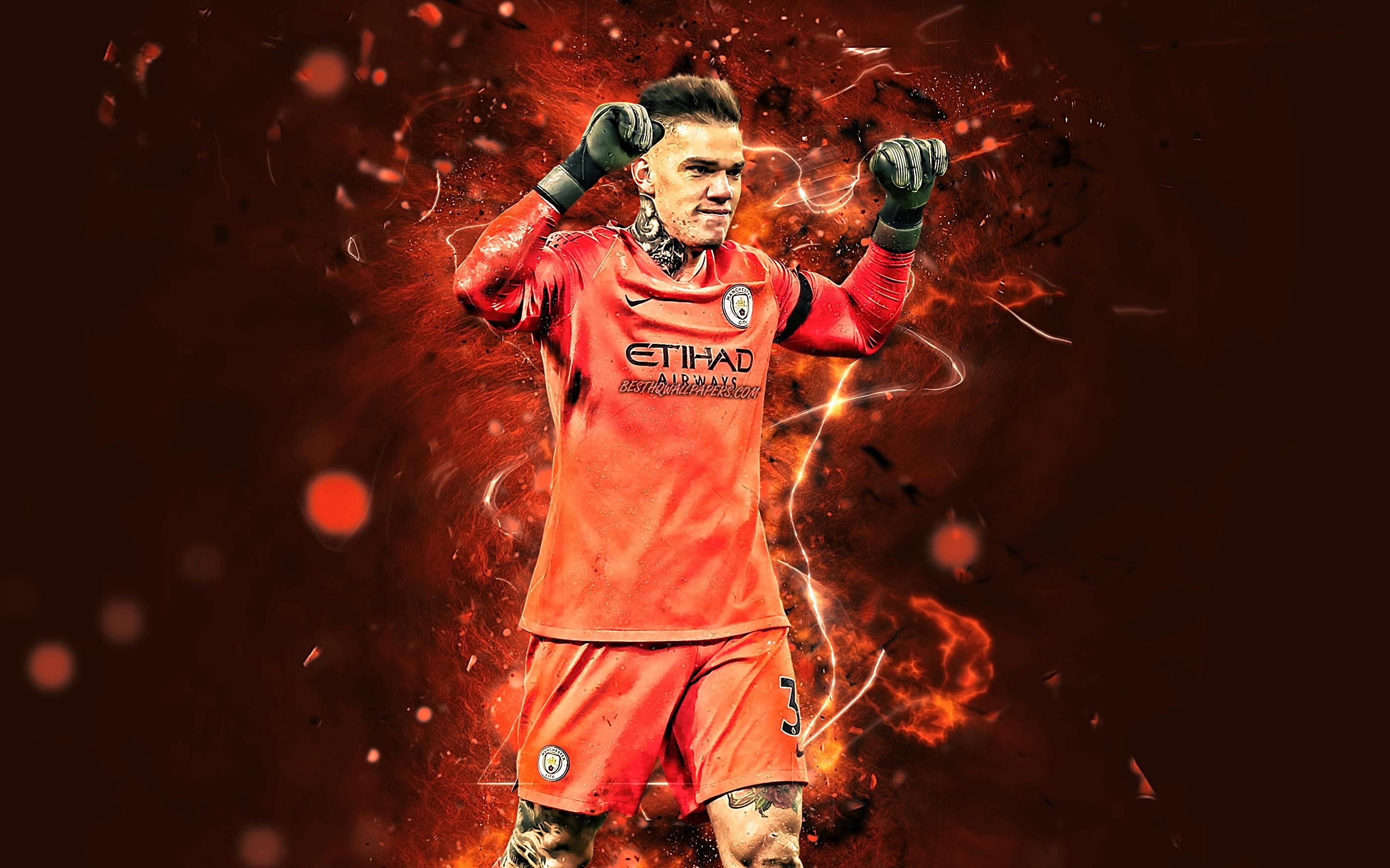 2880x1800 Download wallpaper Ederson, goalkeeper, Manchester City FC, brazilian footballers, soccer, joy, Ederson Santana de Moraes, Premier League, Ederson Moraes, Man City, neon lights for desktop with resolution 2880x1800. High Quality HD picture