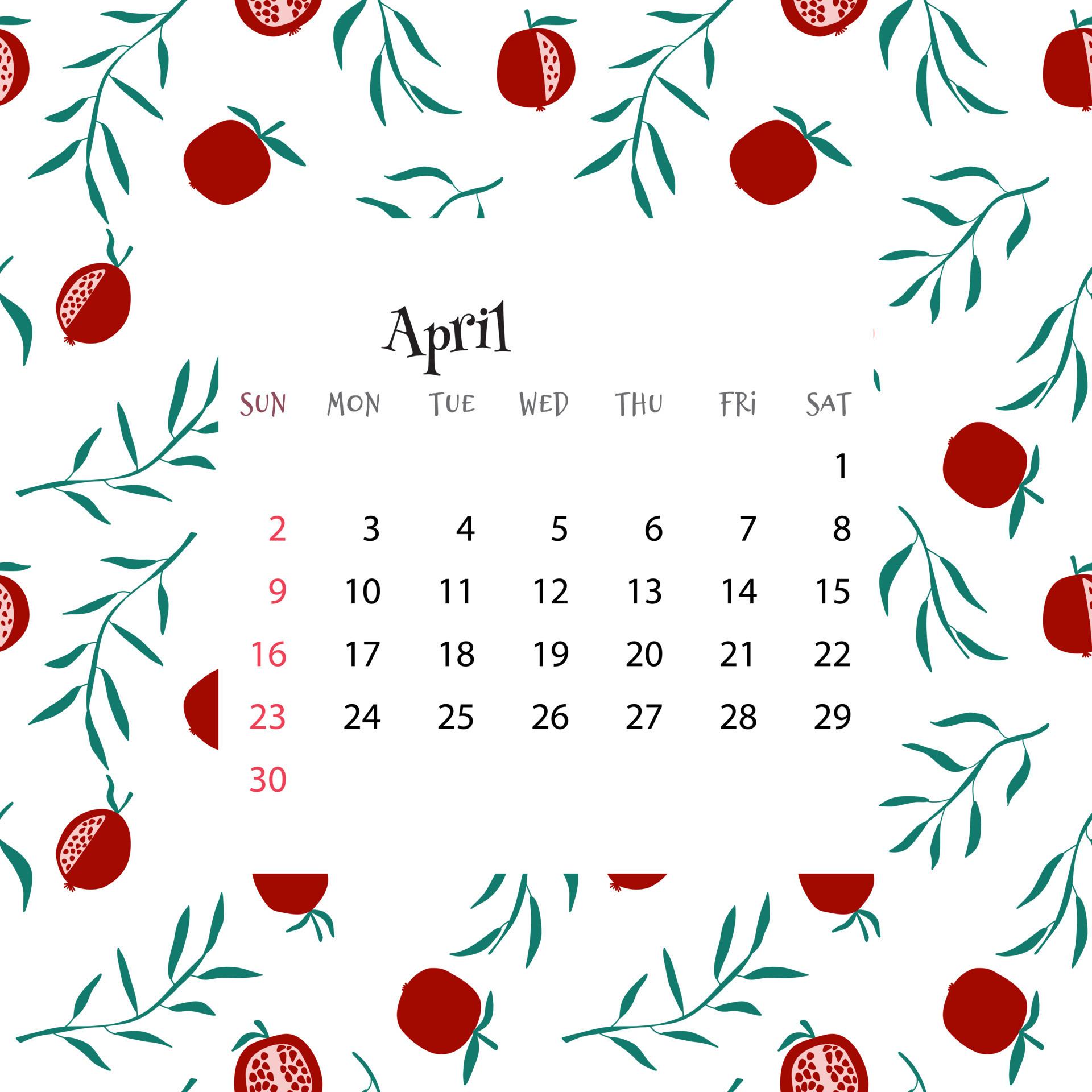 1920x1920 Calendar for April. Vector illustration of month calendar on seamless pattern with pomegranates and leaves in cartoon flat style. Colorful backgroud with month grid