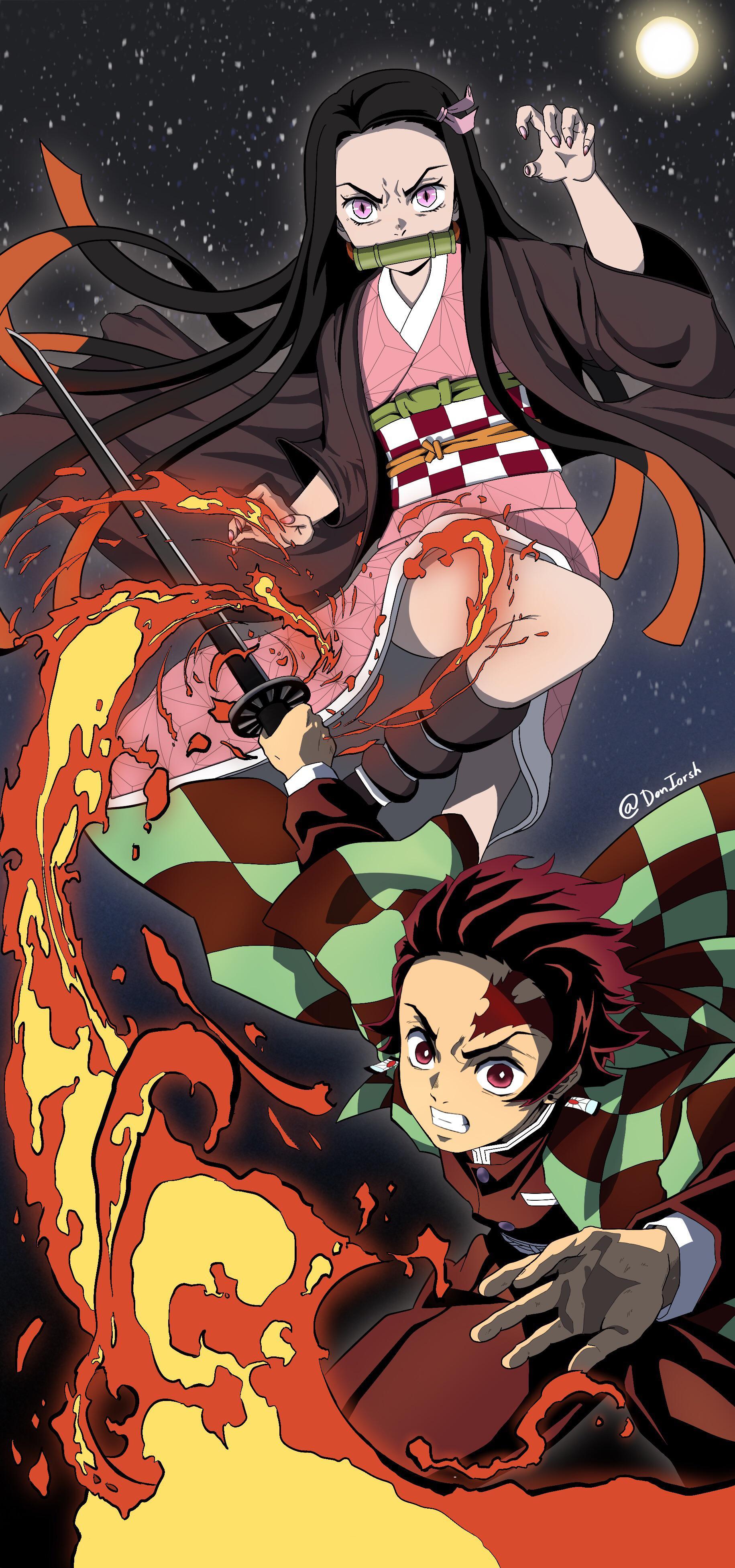1831x3906 Tanjiro & Nezuko (Samsung Galaxy S10e wallpaper)