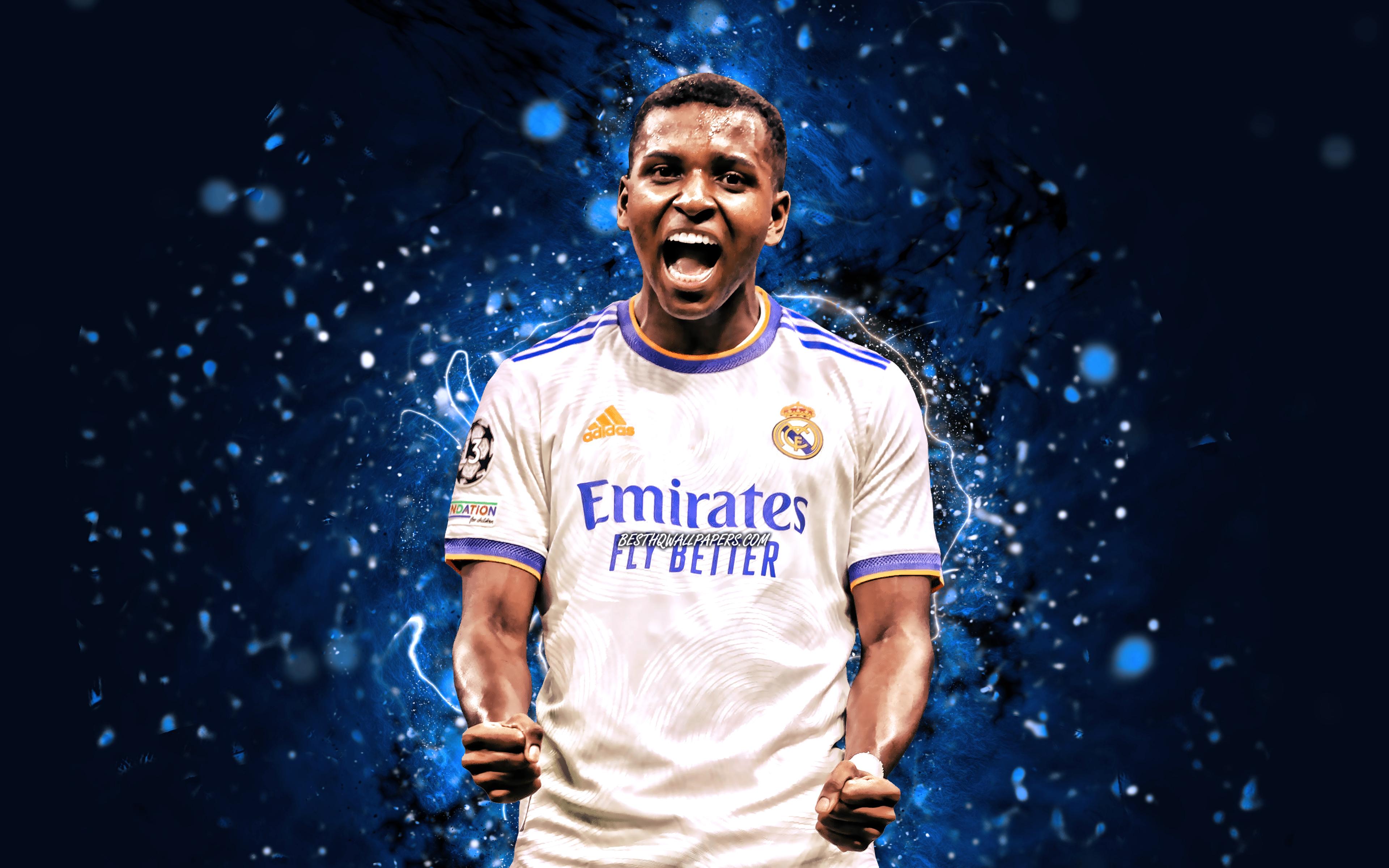 3840x2400 Download wallpaper Rodrygo Goes, 4k, Real Madrid FC, brazilian footballers, La Liga, Rodrygo Silva de Goes, blue neon lights, soccer, football, Real Madrid CF, LaLiga, Rodrygo Goes 4K, Rodrygo GoesReal Madrid