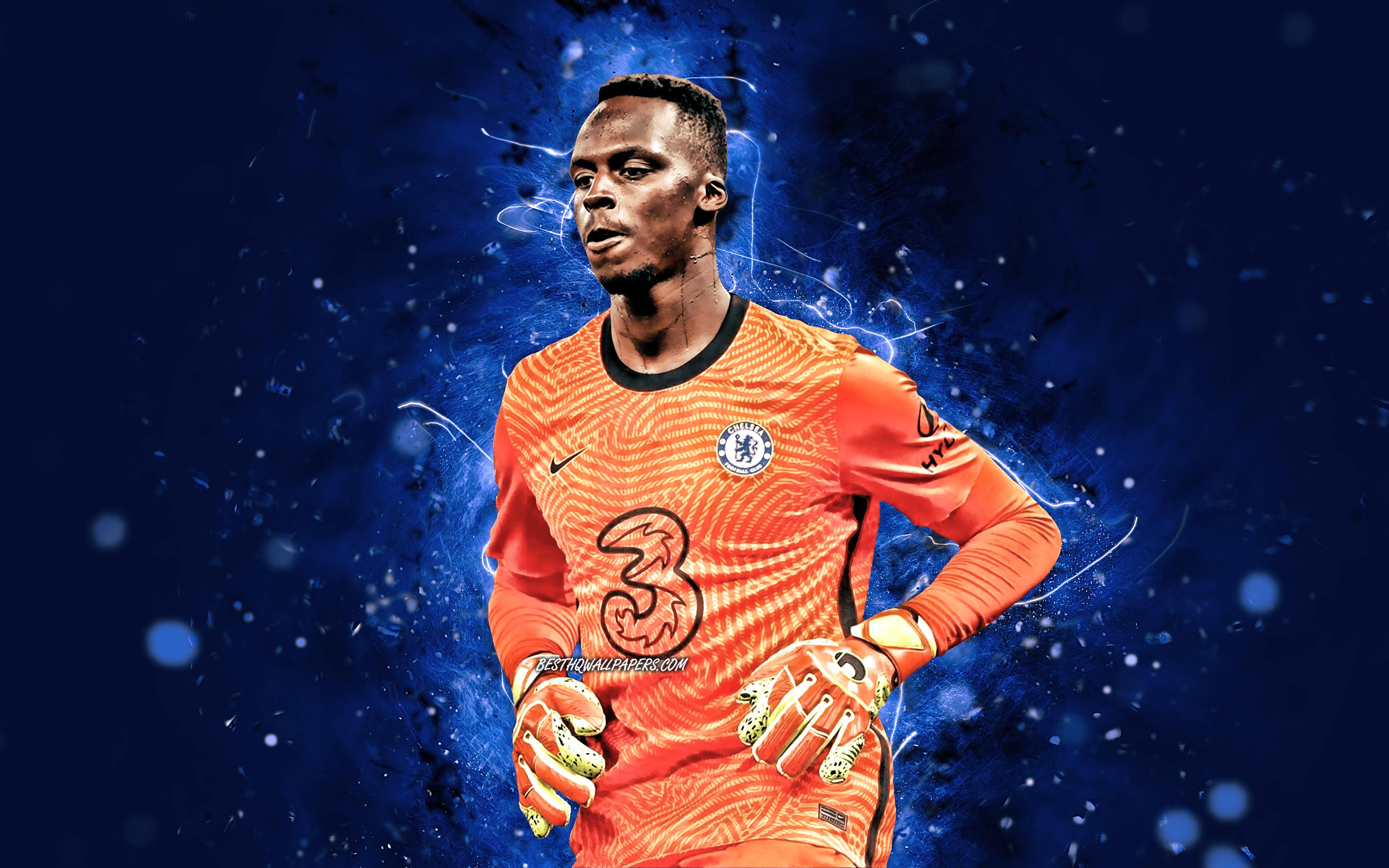 3840x2400 Download wallpaper Edouard Mendy, 4k, Chelsea FC, senegalese footballers, Premier League, Edouard Osoque Mendy, soccer, Edouard Mendy Chelsea, football, blue neon lights, England, Edouard Mendy 4K for desktop with resolution 3840x2400